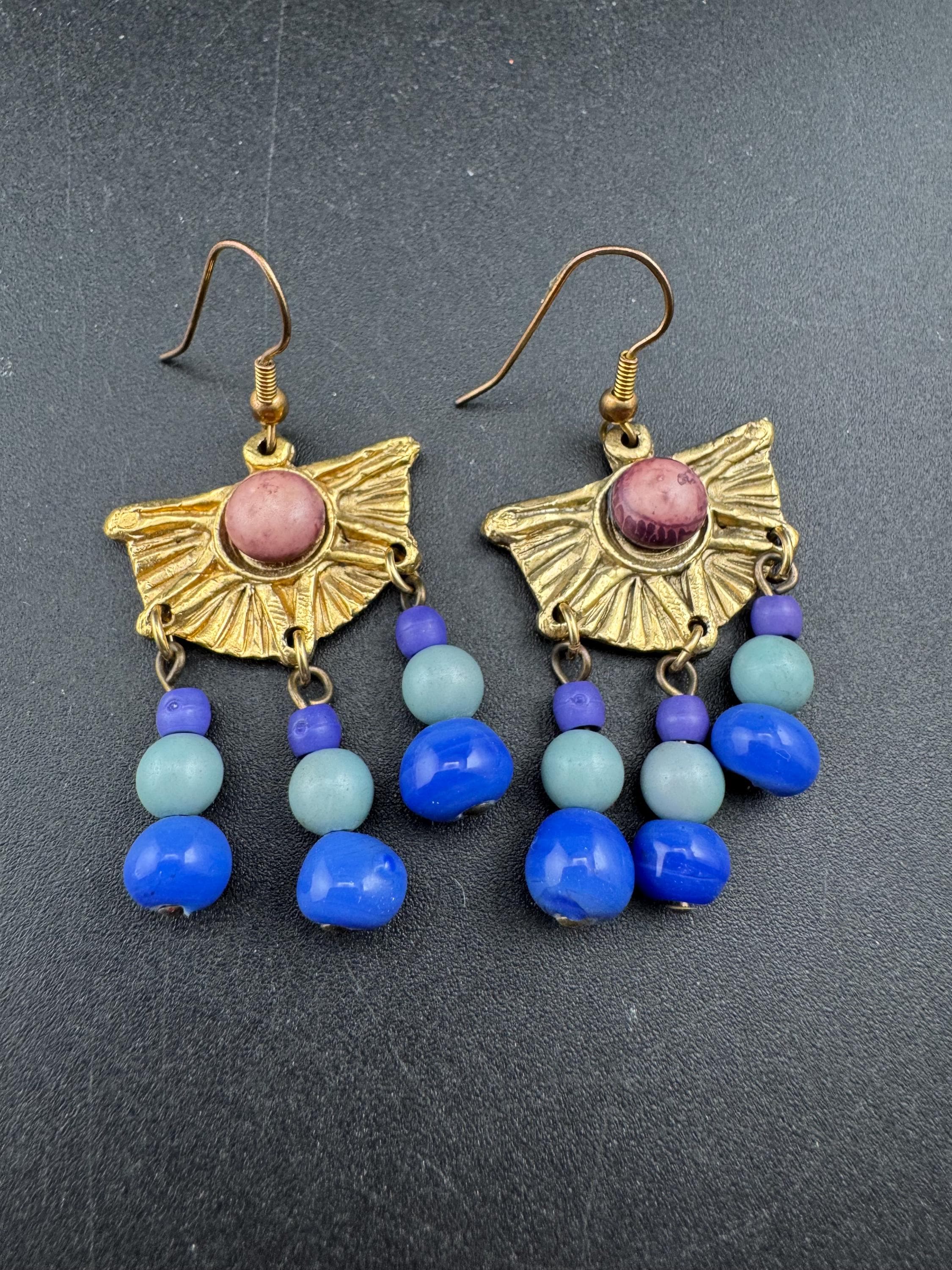 Jacky de G blue and gold Egyptian revival beaded dangly Earrings: pierced