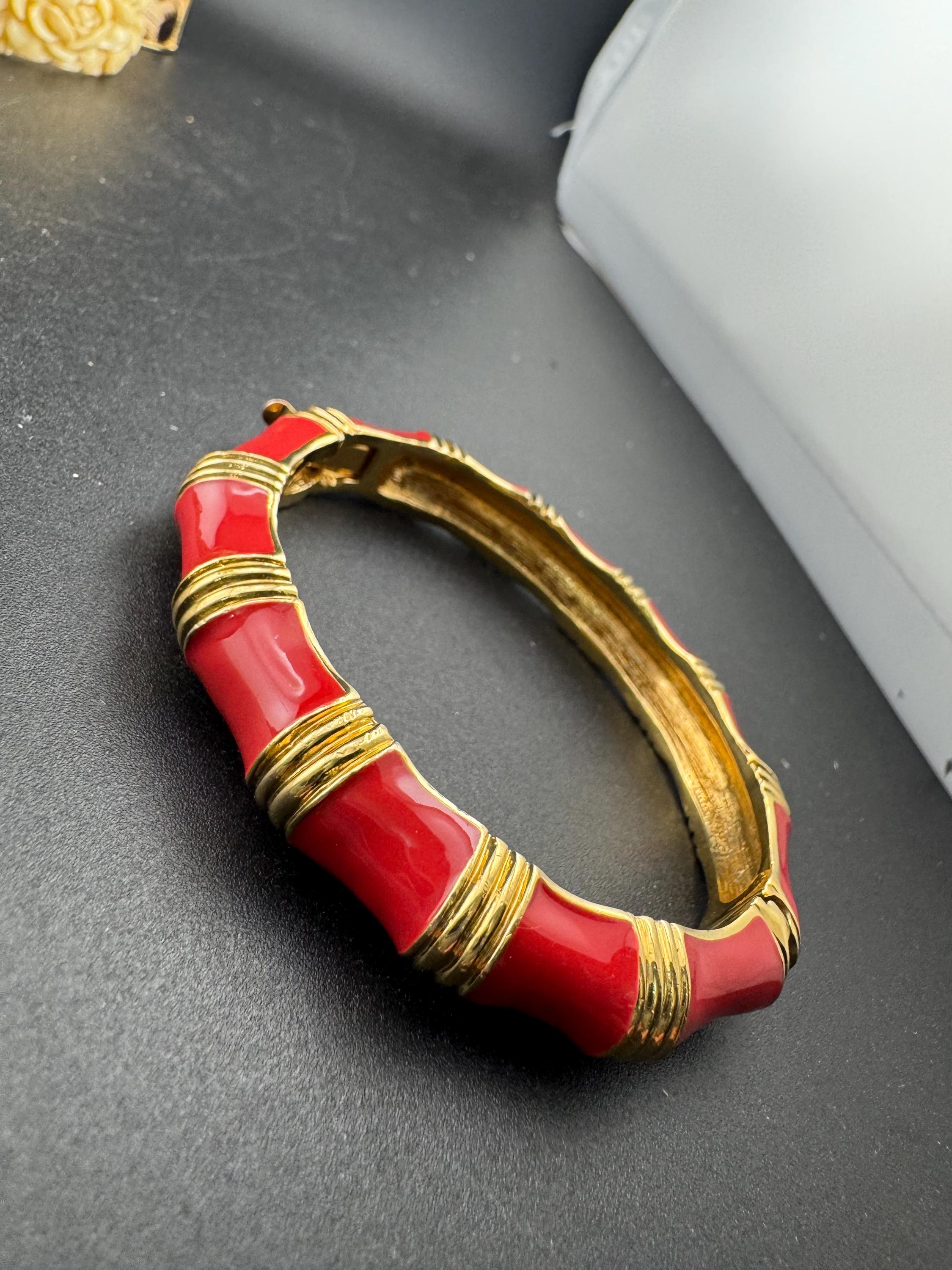 Signed KJL Red enamel gold tone bamboo clamper bangle bracelet Kenneth j lane
