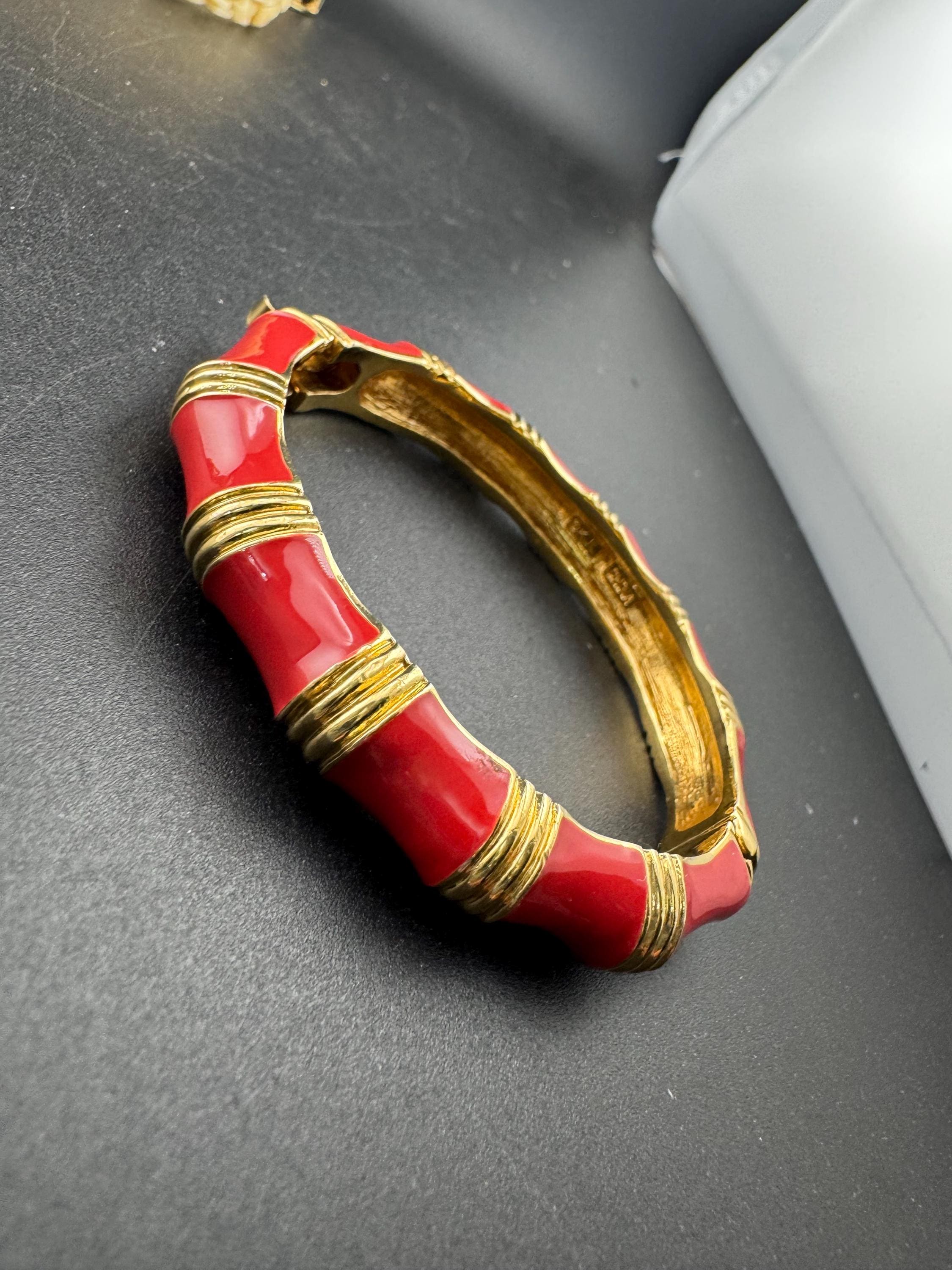 Signed KJL Red enamel gold tone bamboo clamper bangle bracelet Kenneth j lane