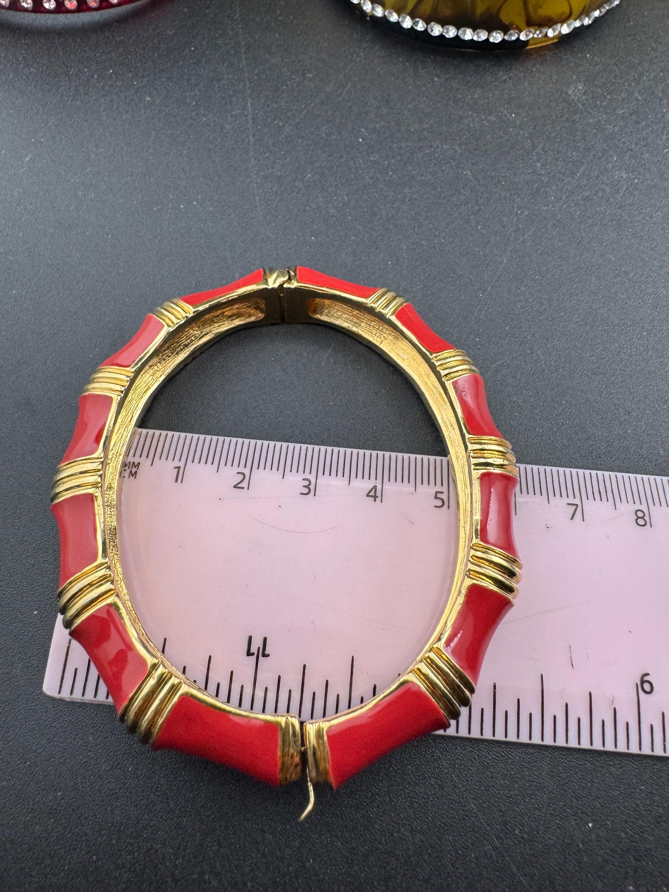 Signed KJL Red enamel gold tone bamboo clamper bangle bracelet Kenneth j lane