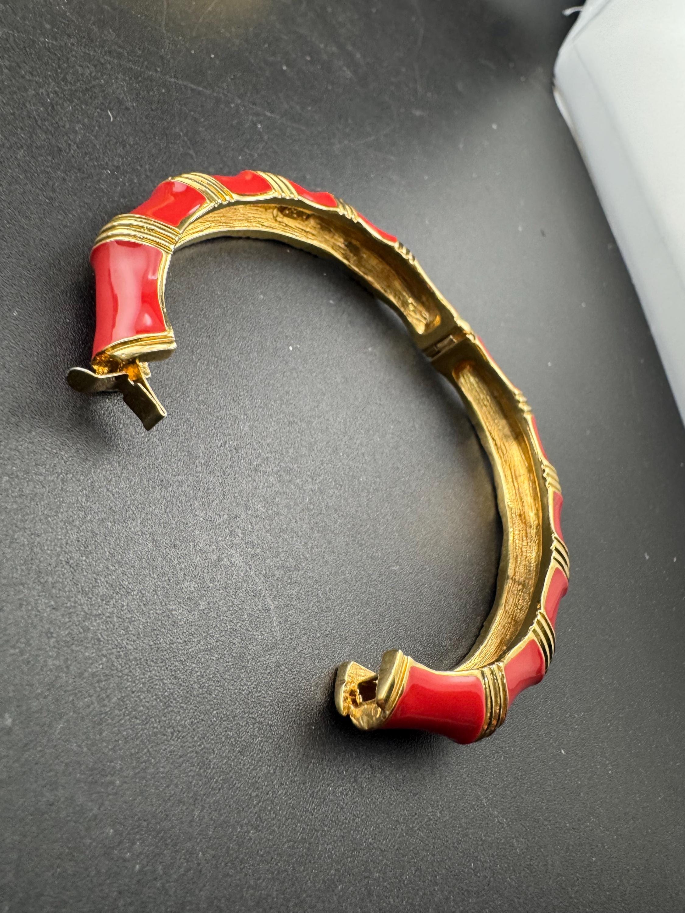 Signed KJL Red enamel gold tone bamboo clamper bangle bracelet Kenneth j lane