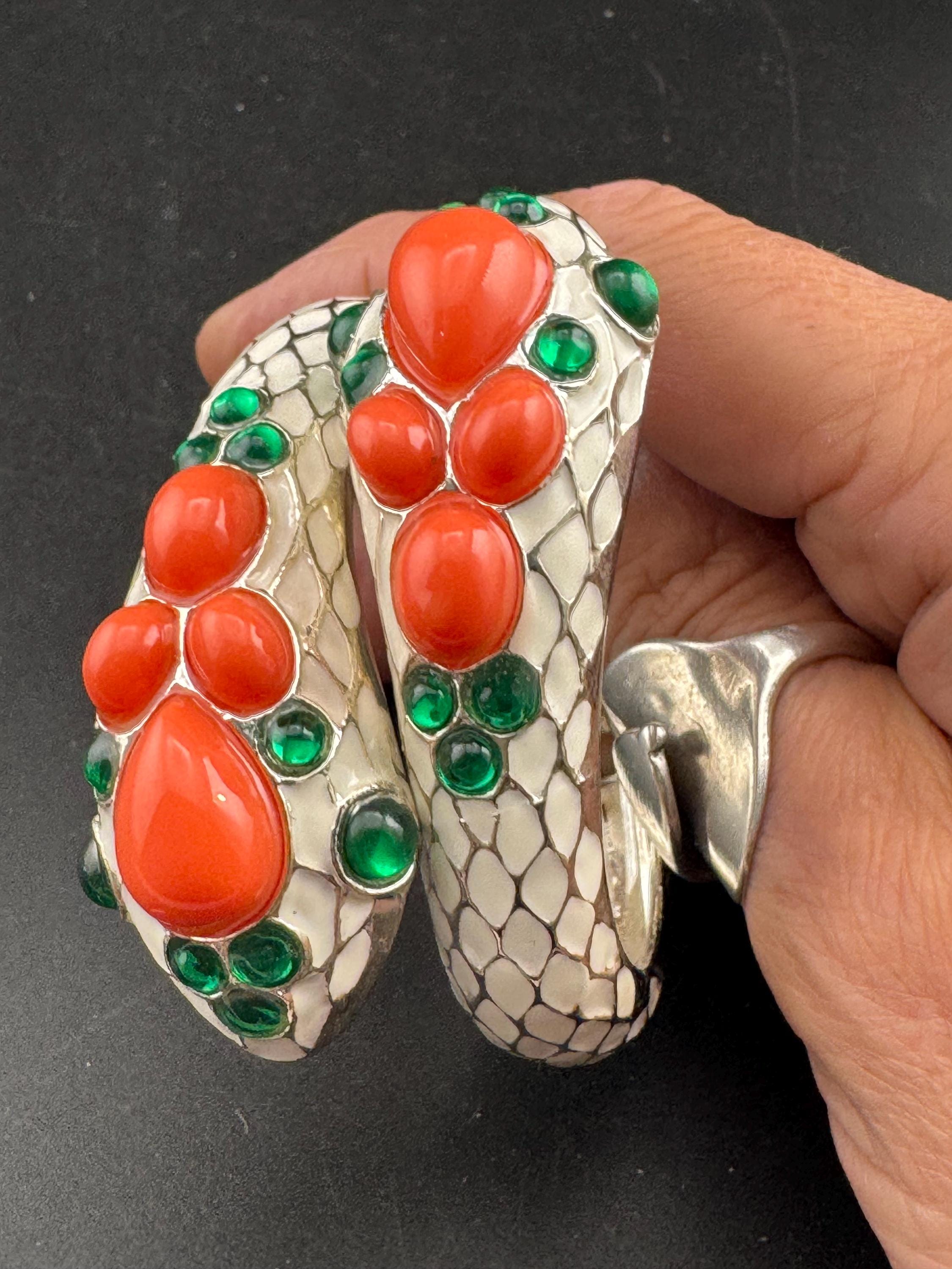 reproduction of Trifari L'Orient Cream Enamel Snake Bracelet: Retro Coral & Emerald Cuff