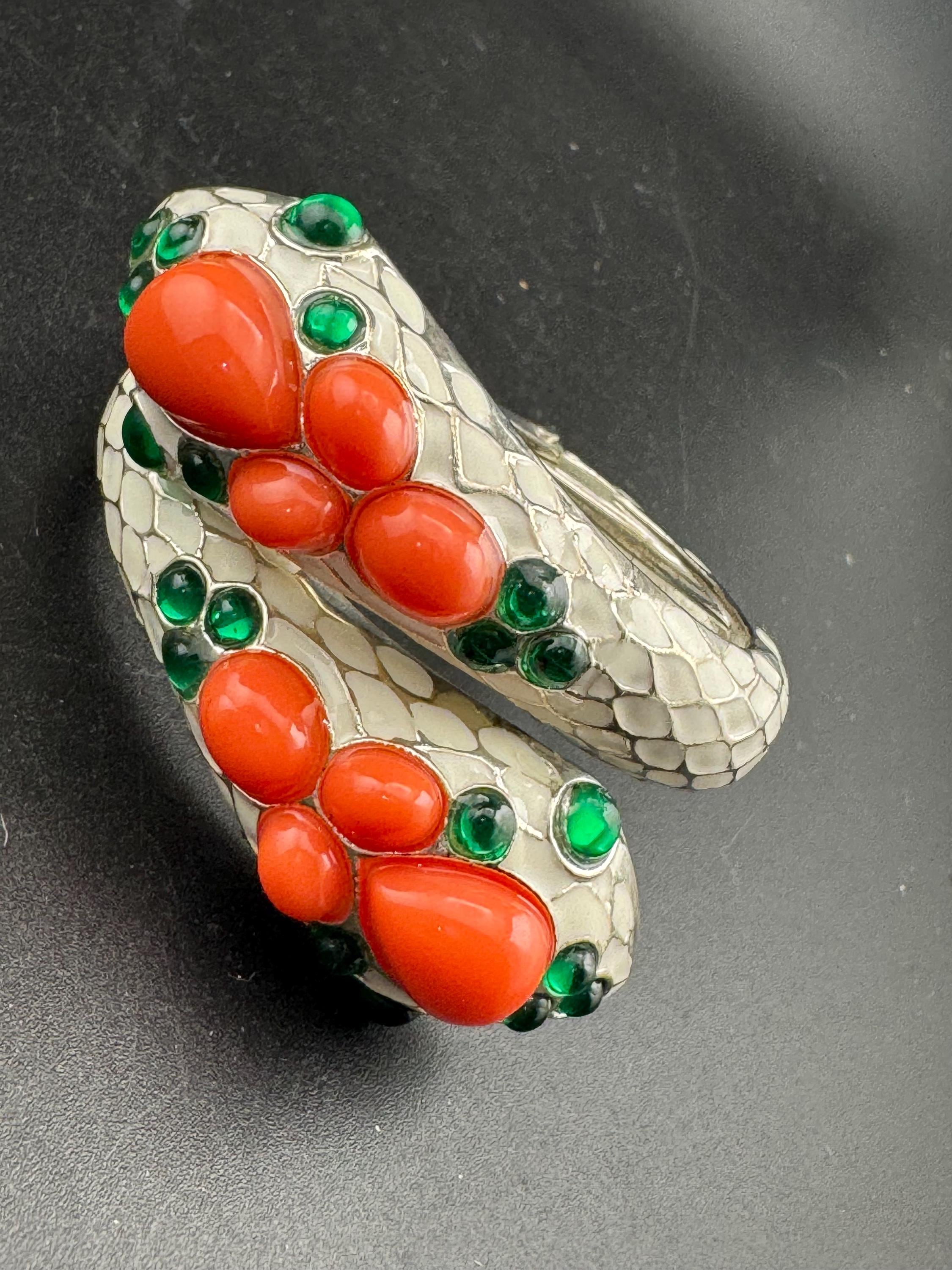 reproduction of Trifari L'Orient Cream Enamel Snake Bracelet: Retro Coral & Emerald Cuff