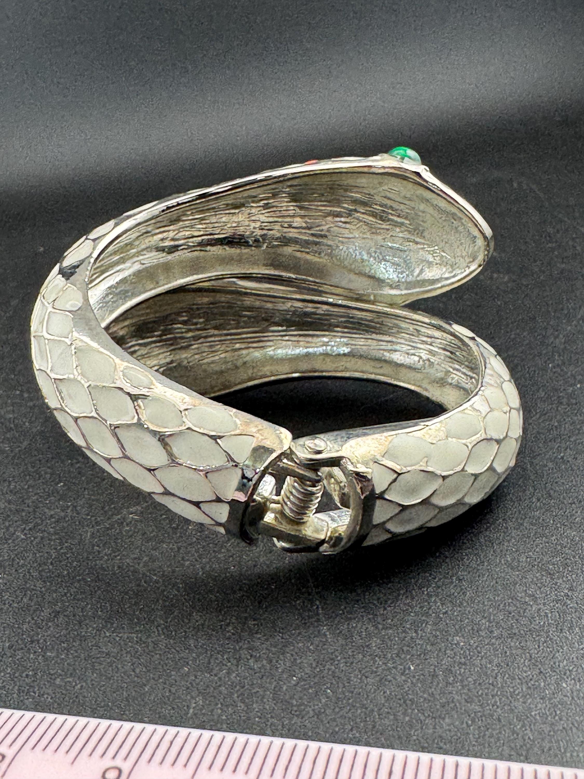 reproduction of Trifari L'Orient Cream Enamel Snake Bracelet: Retro Coral & Emerald Cuff