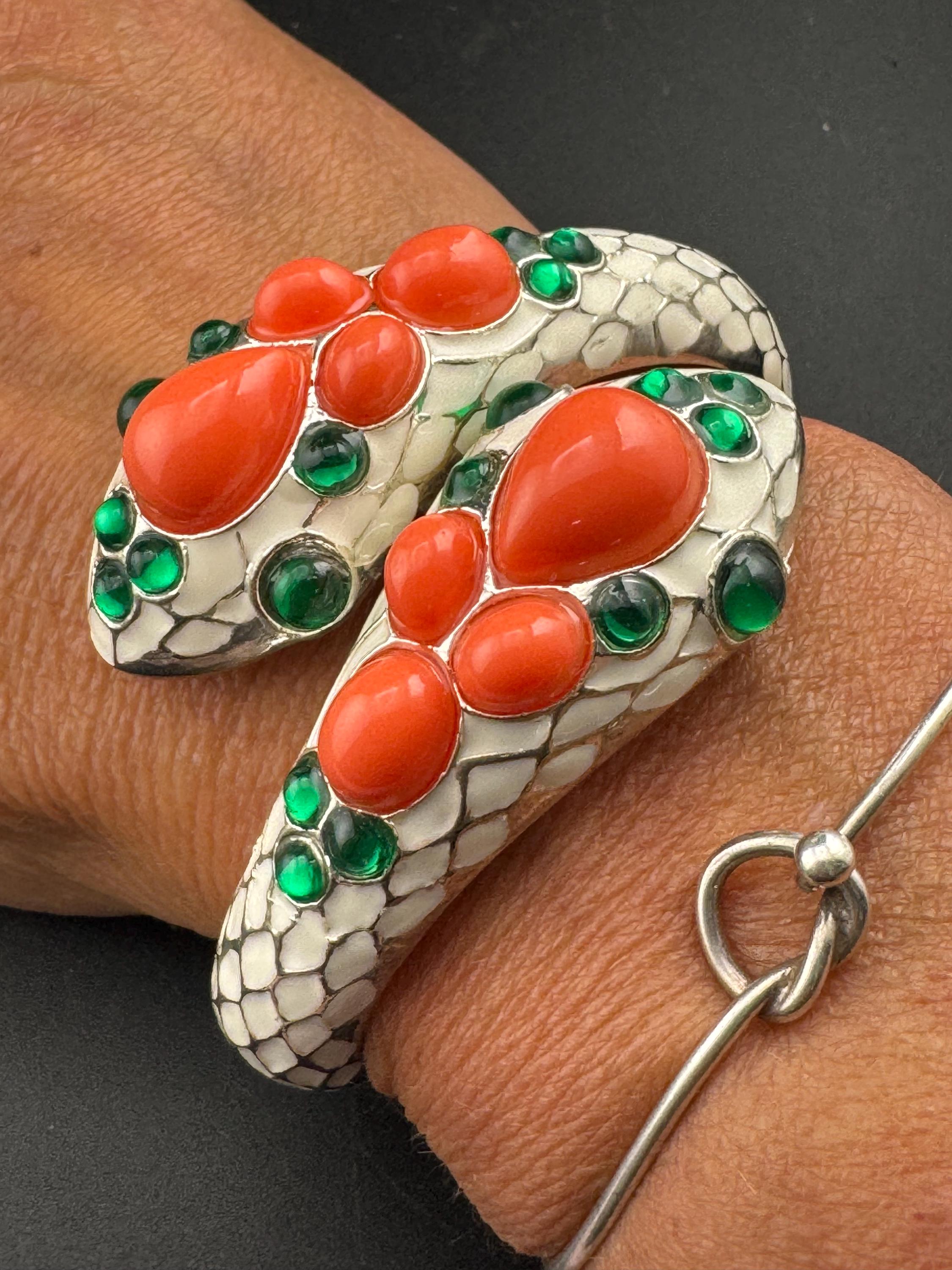 reproduction of Trifari L'Orient Cream Enamel Snake Bracelet: Retro Coral & Emerald Cuff