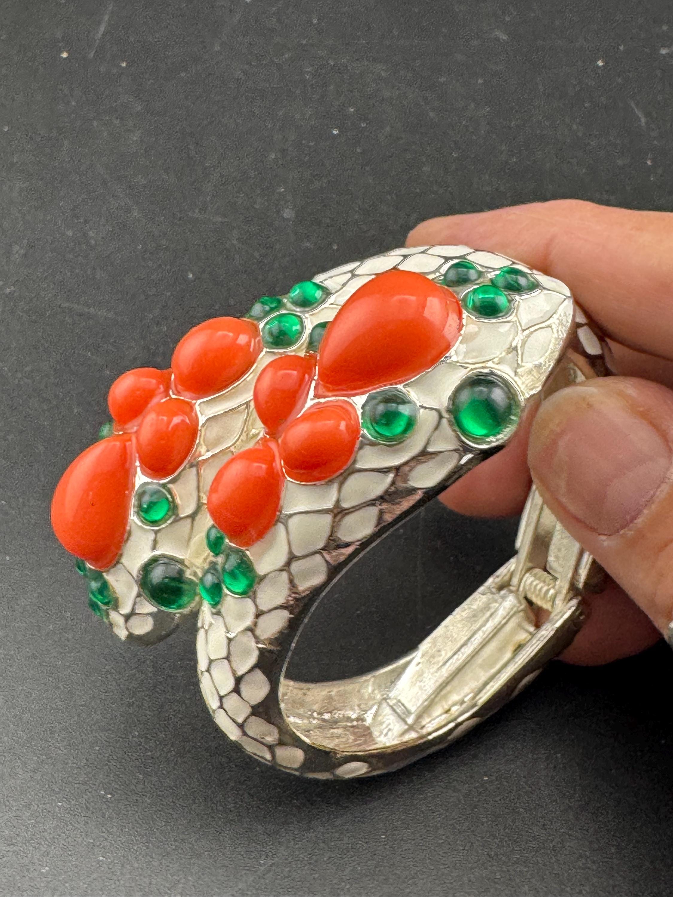 reproduction of Trifari L'Orient Cream Enamel Snake Bracelet: Retro Coral & Emerald Cuff