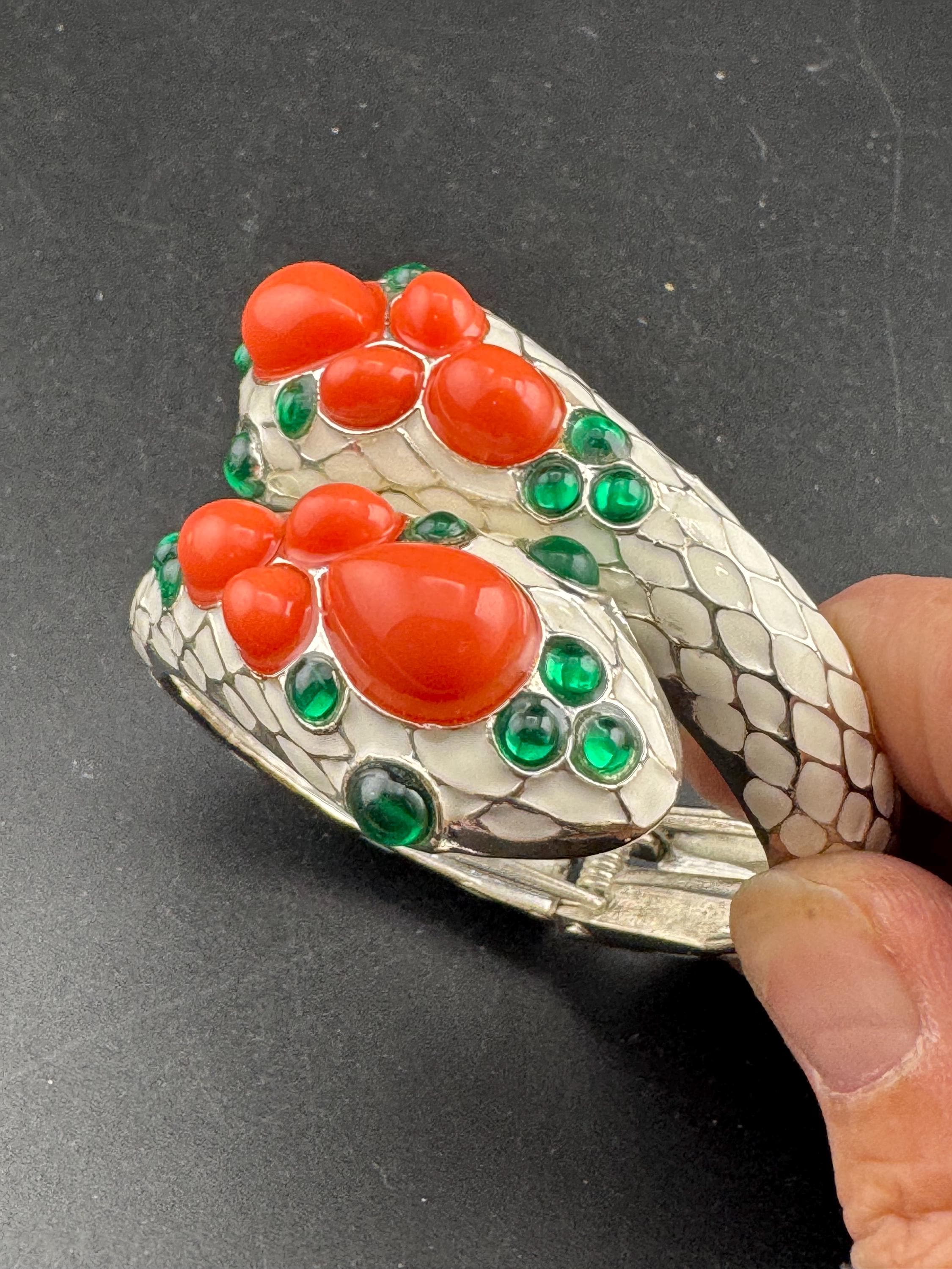 reproduction of Trifari L'Orient Cream Enamel Snake Bracelet: Retro Coral & Emerald Cuff