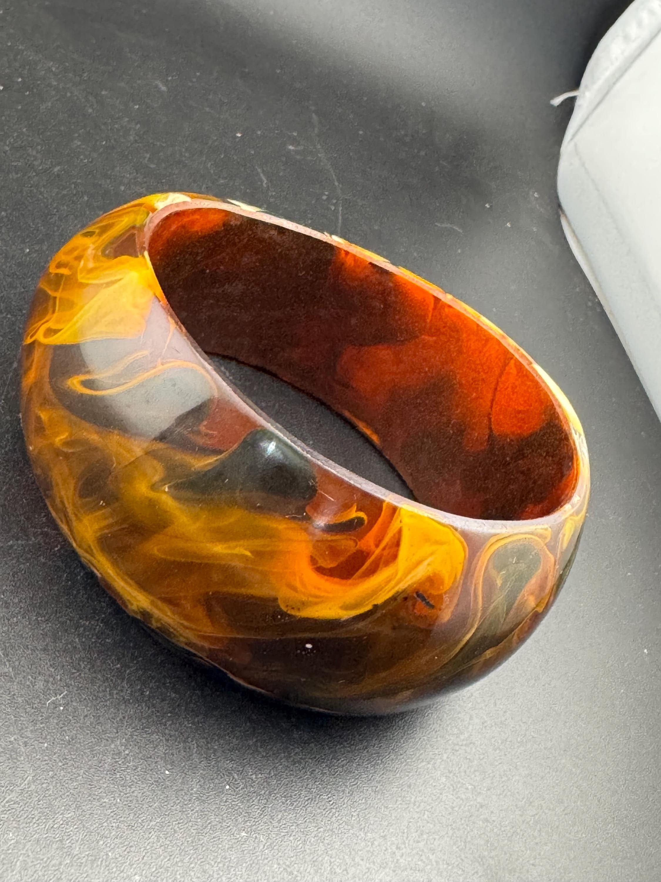 Brown orange marbled plastic wide cuff bangle bracelet : faux tortoiseshell