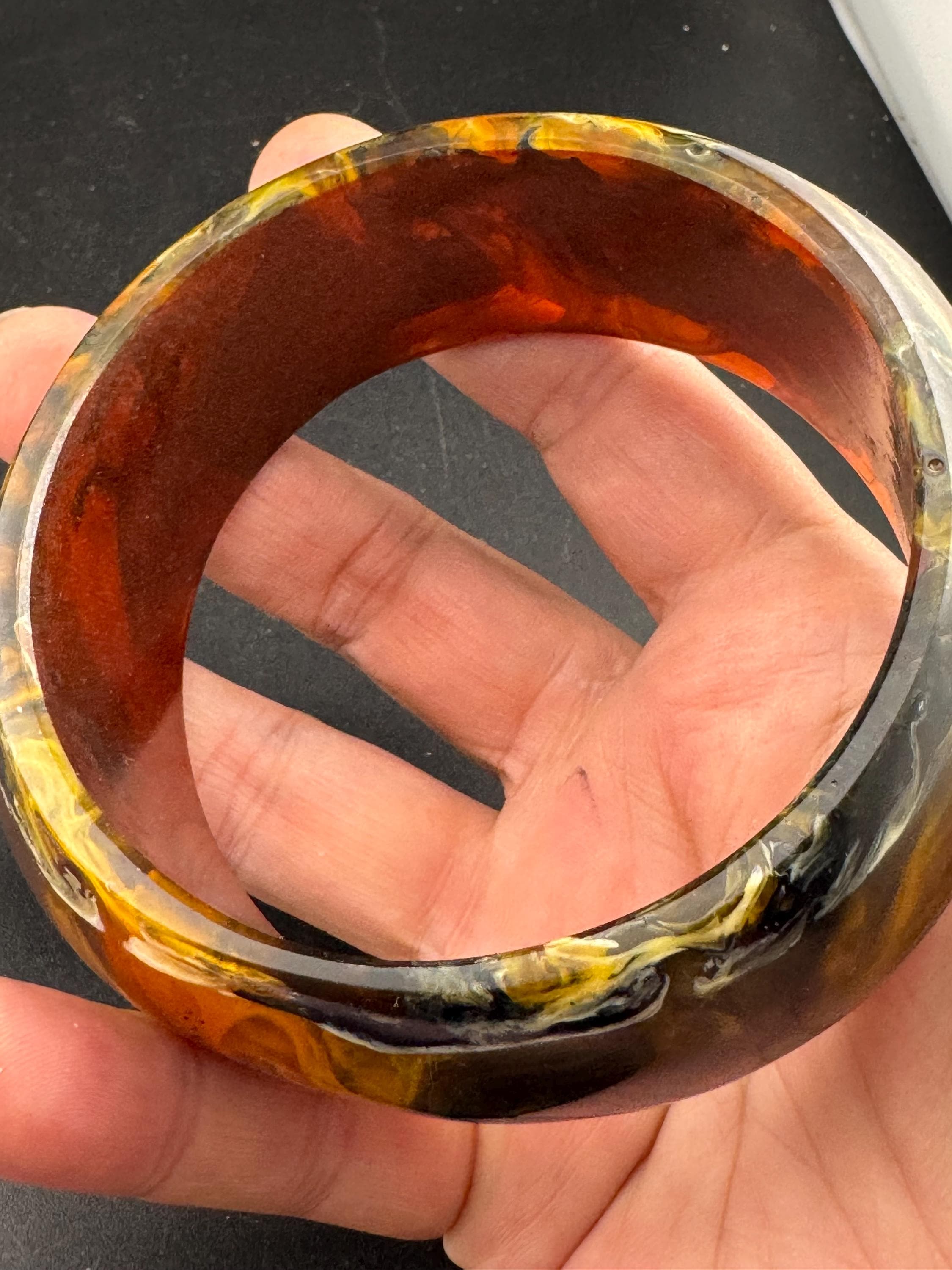 Brown orange marbled plastic wide cuff bangle bracelet : faux tortoiseshell