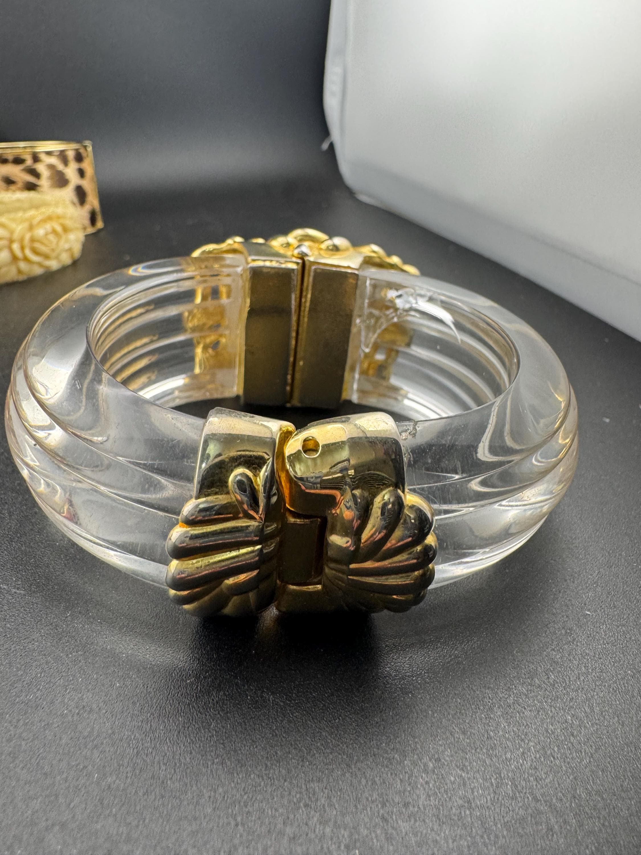 Art Nouveau Chrysanthemum Clamper Bangle: Gold Acrylic Lucite, Retro Repro