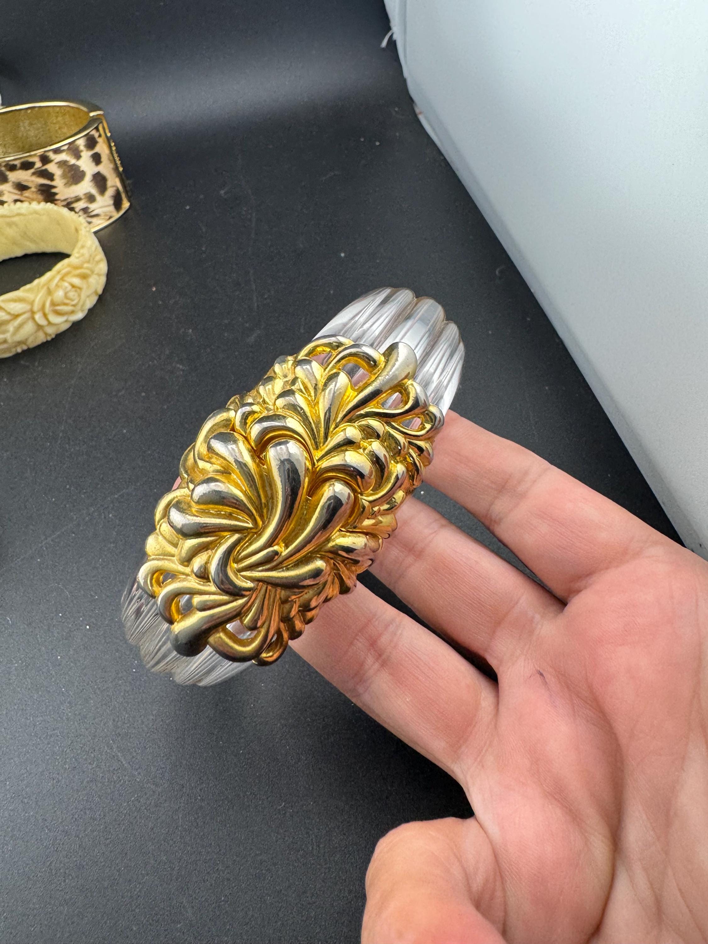 Art Nouveau Chrysanthemum Clamper Bangle: Gold Acrylic Lucite, Retro Repro