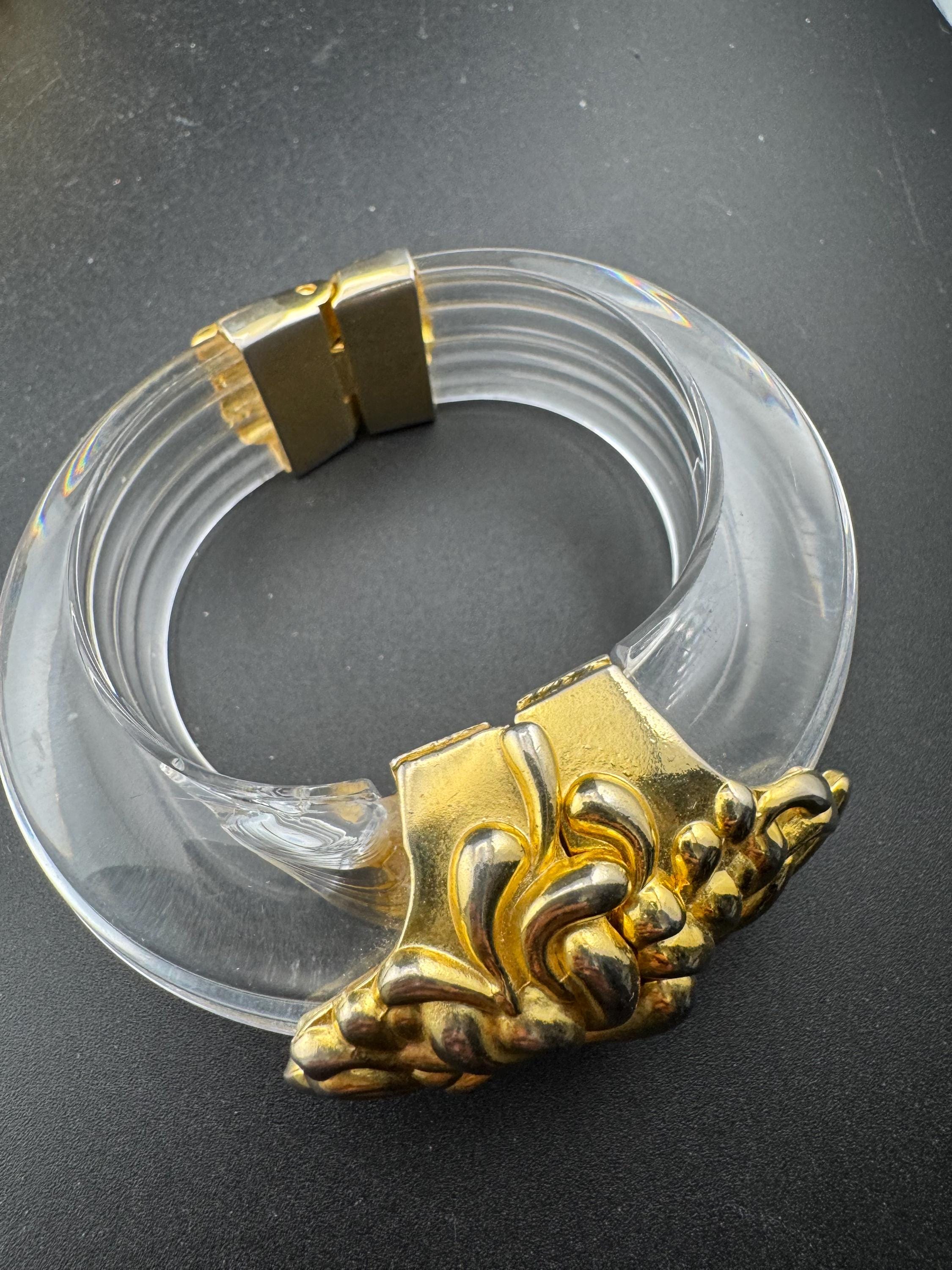 Art Nouveau Chrysanthemum Clamper Bangle: Gold Acrylic Lucite, Retro Repro