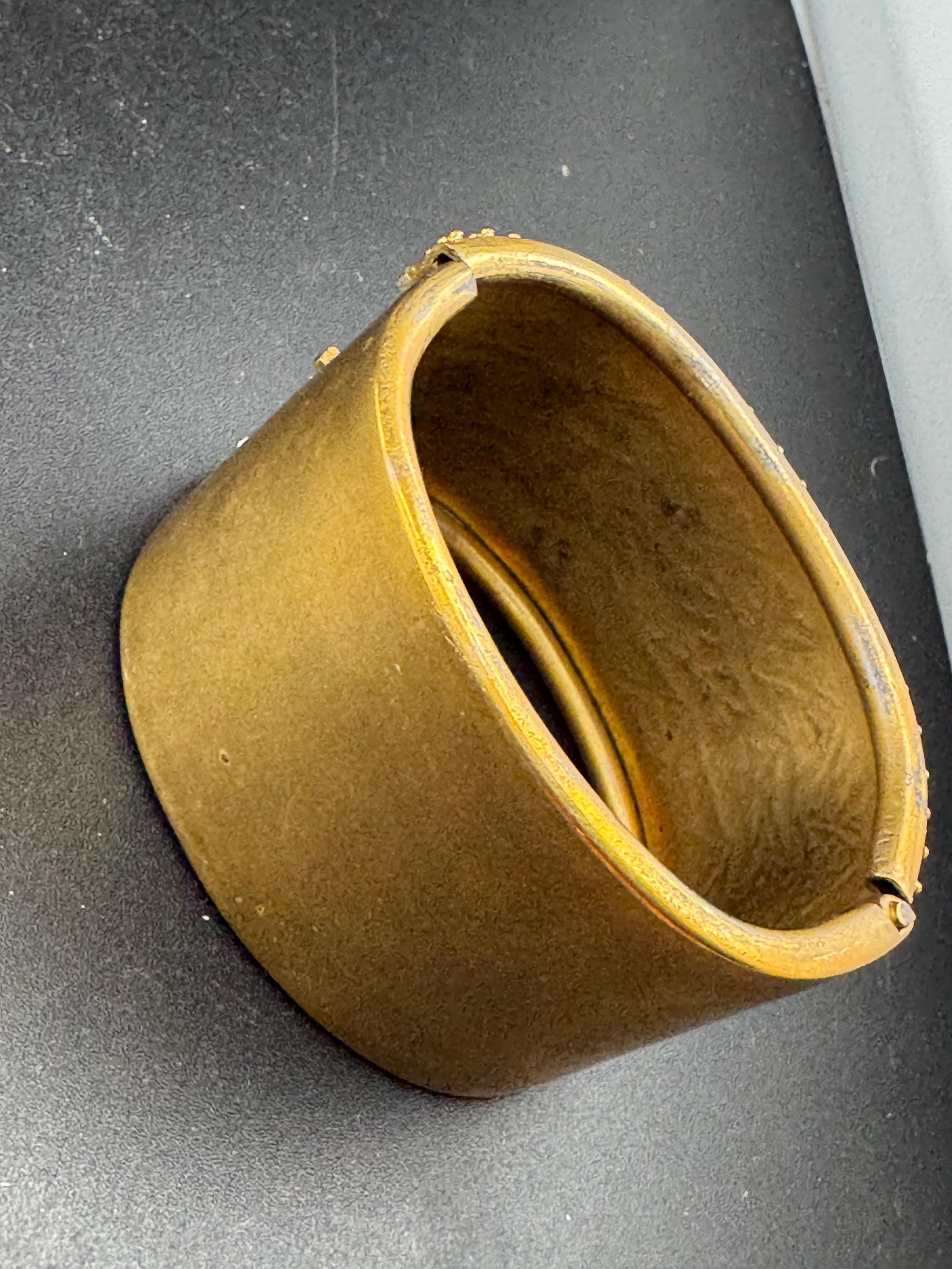 Antique Victorian engraved wide brass bangle bracelet:  hinged gold tone