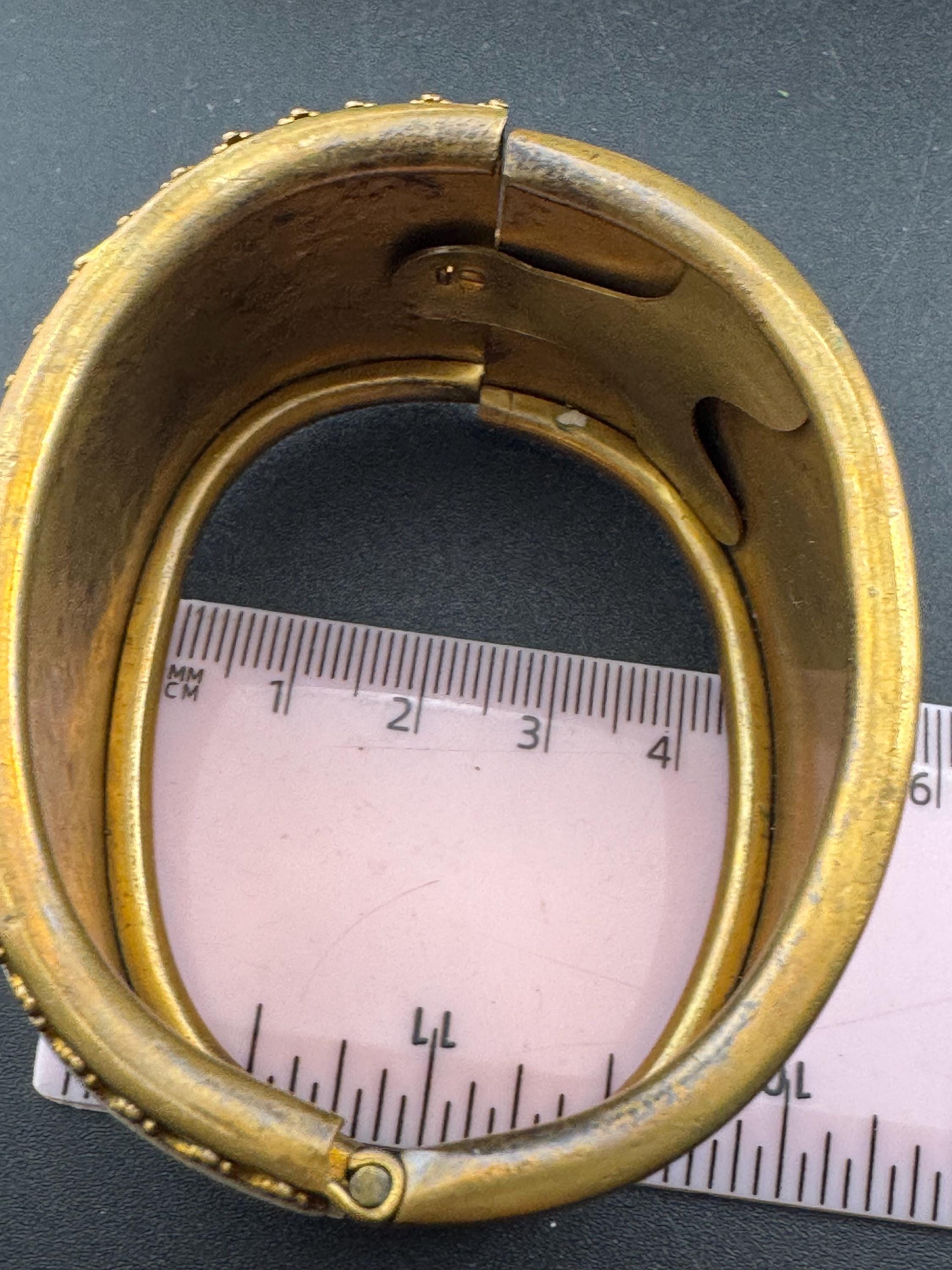Antique Victorian engraved wide brass bangle bracelet:  hinged gold tone