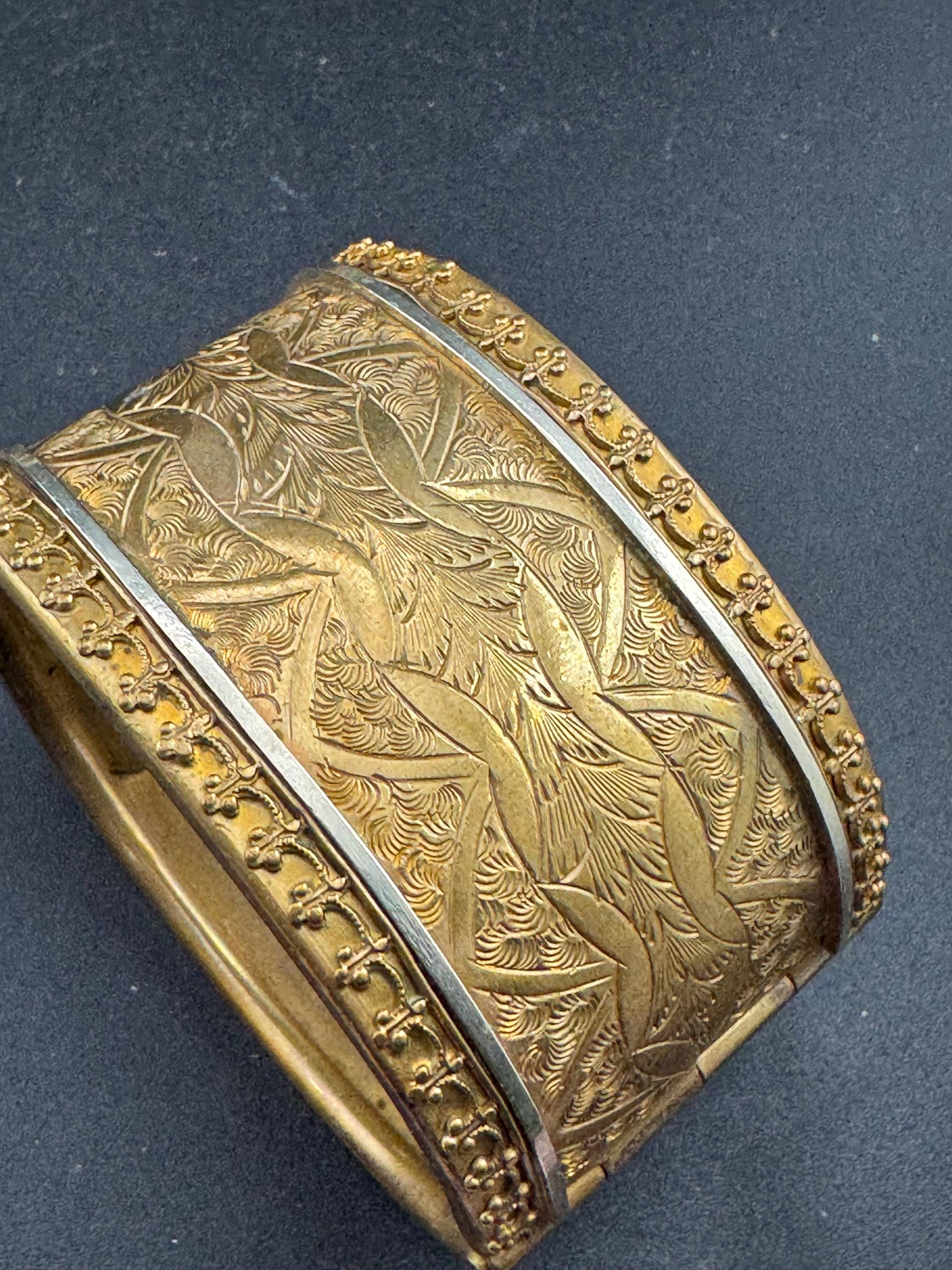 Antique Victorian engraved wide brass bangle bracelet:  hinged gold tone