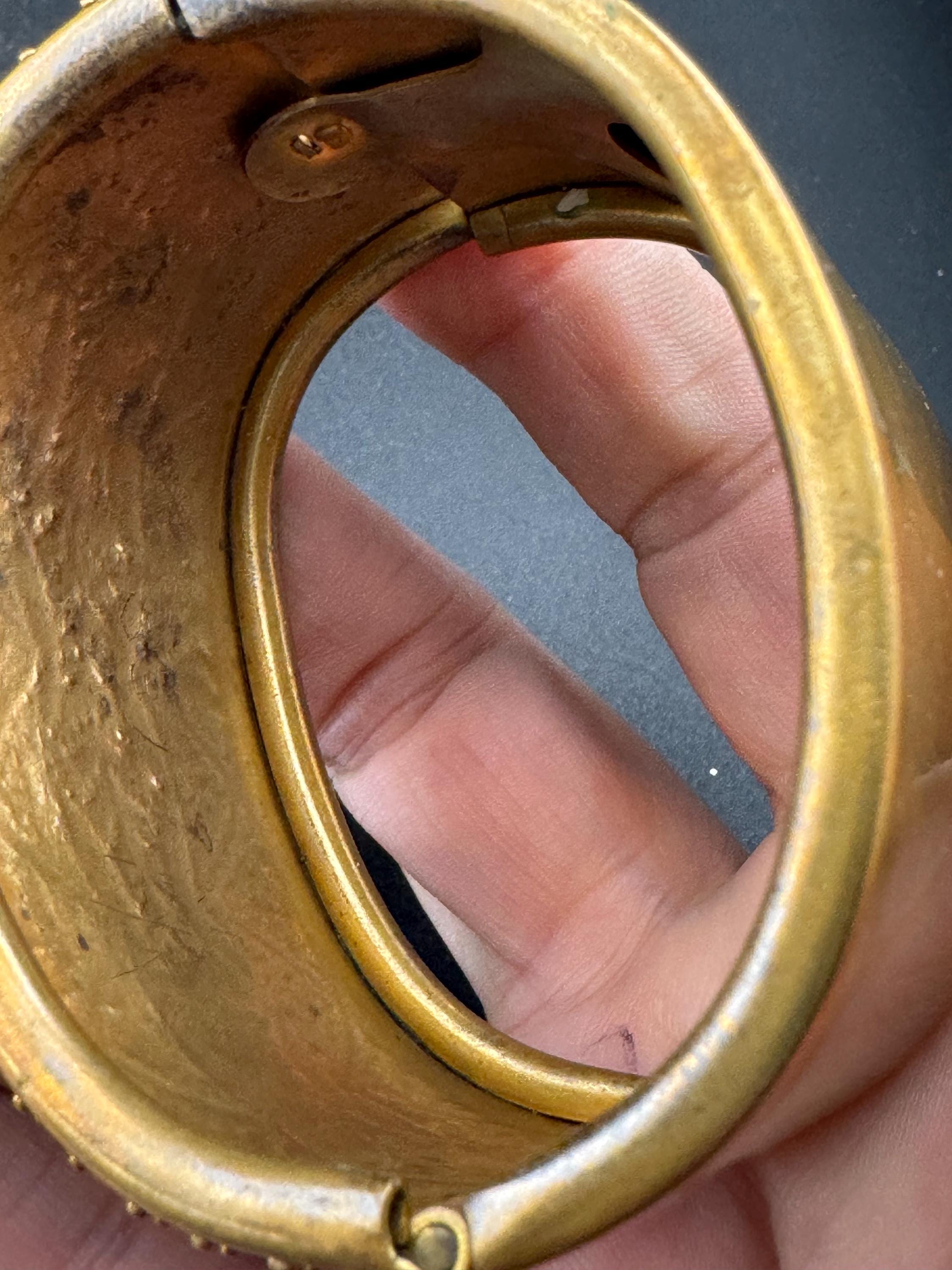 Antique Victorian engraved wide brass bangle bracelet:  hinged gold tone