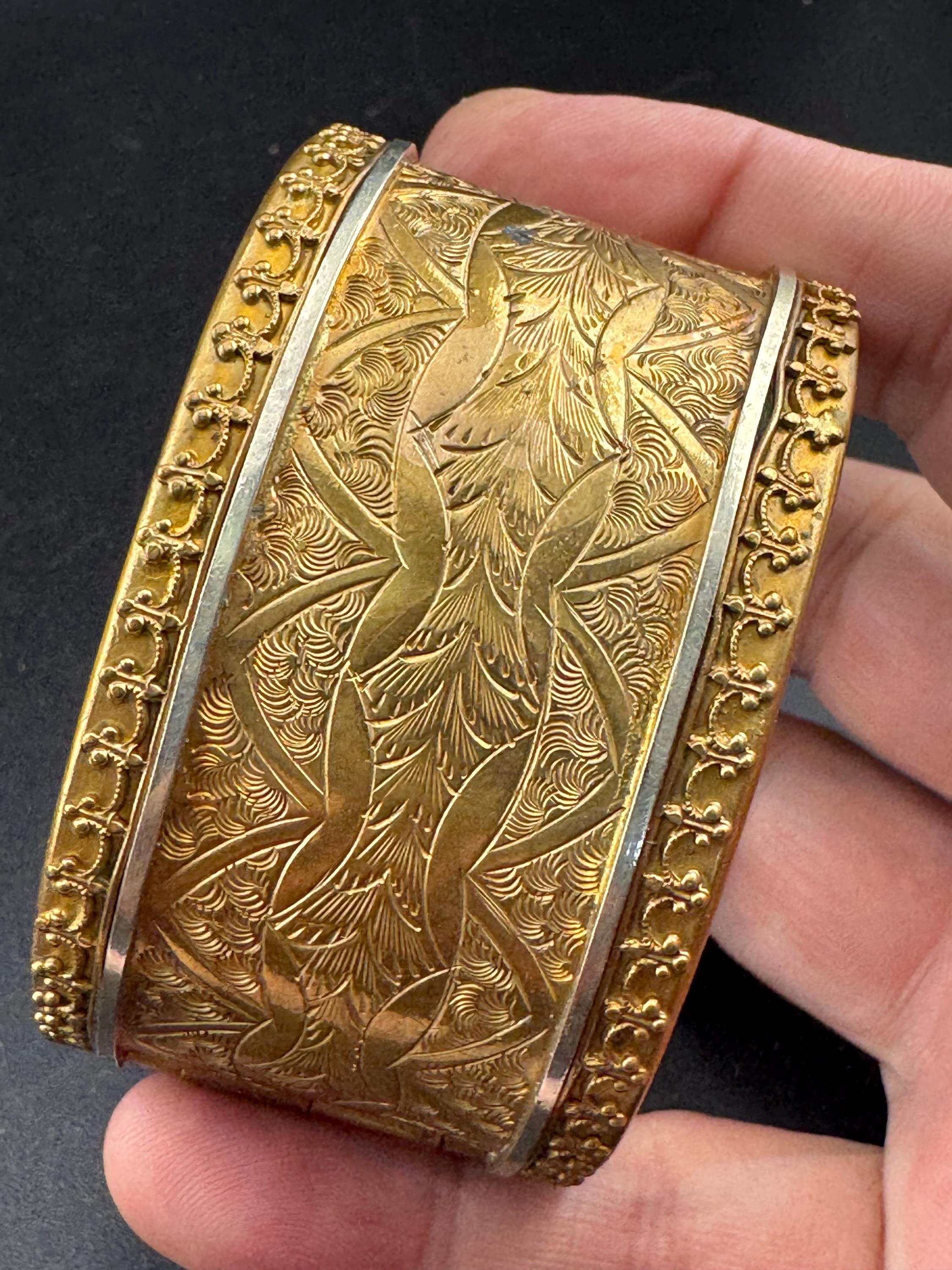 Antique Victorian engraved wide brass bangle bracelet:  hinged gold tone