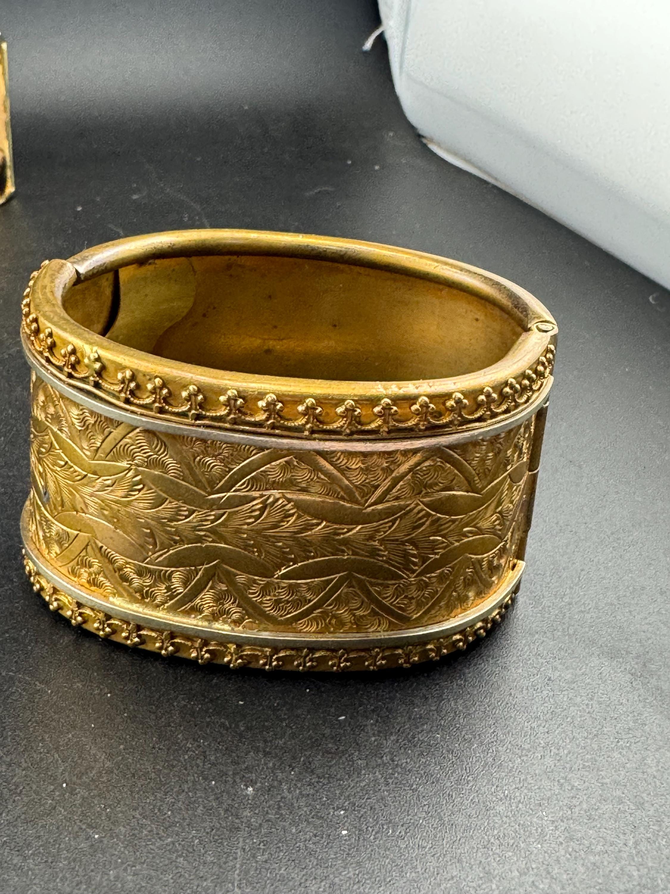 Antique Victorian engraved wide brass bangle bracelet:  hinged gold tone