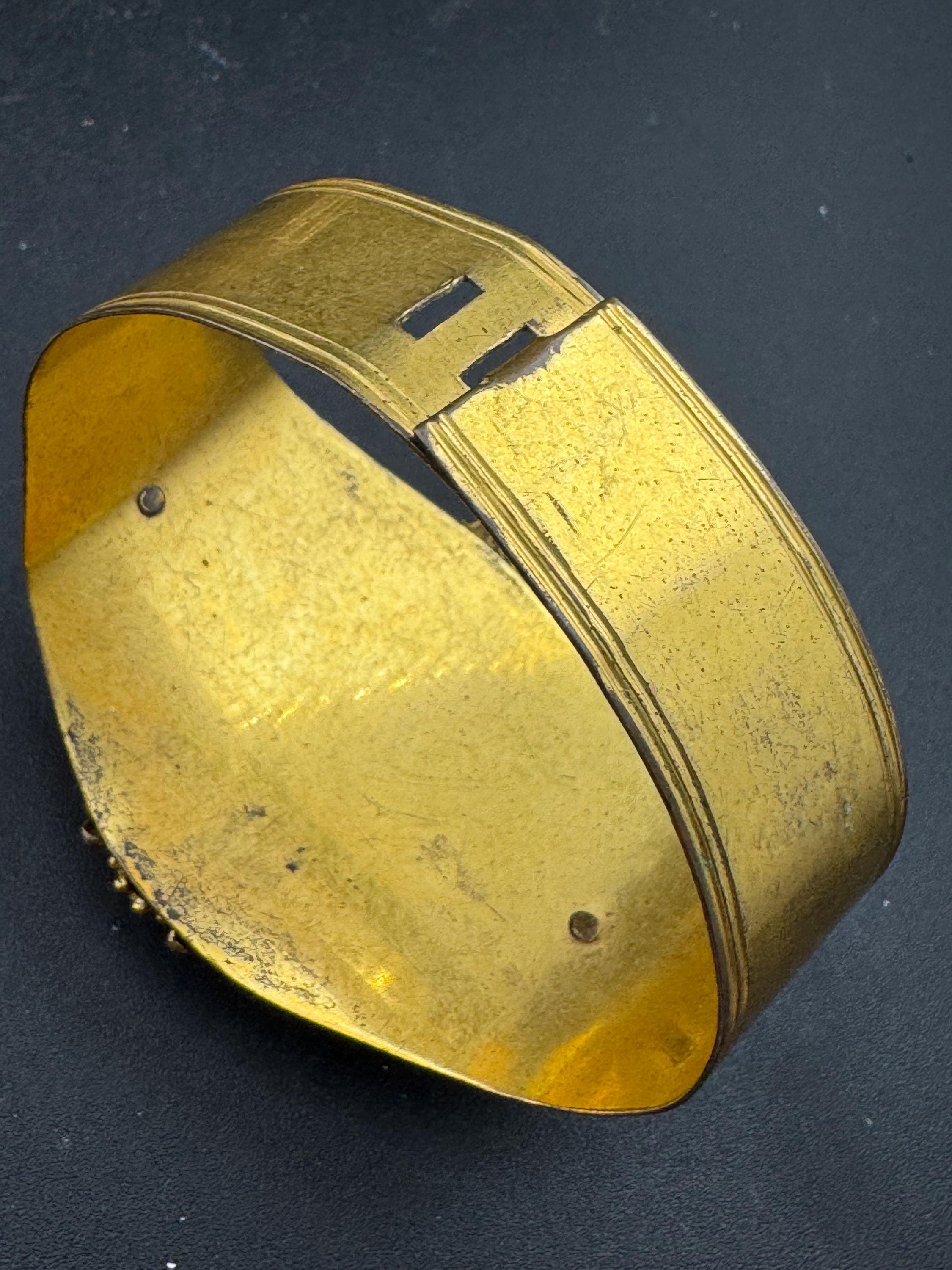 Antique Georgian Brass Bangle Bracelet: Shell & Floral, Gold Tone