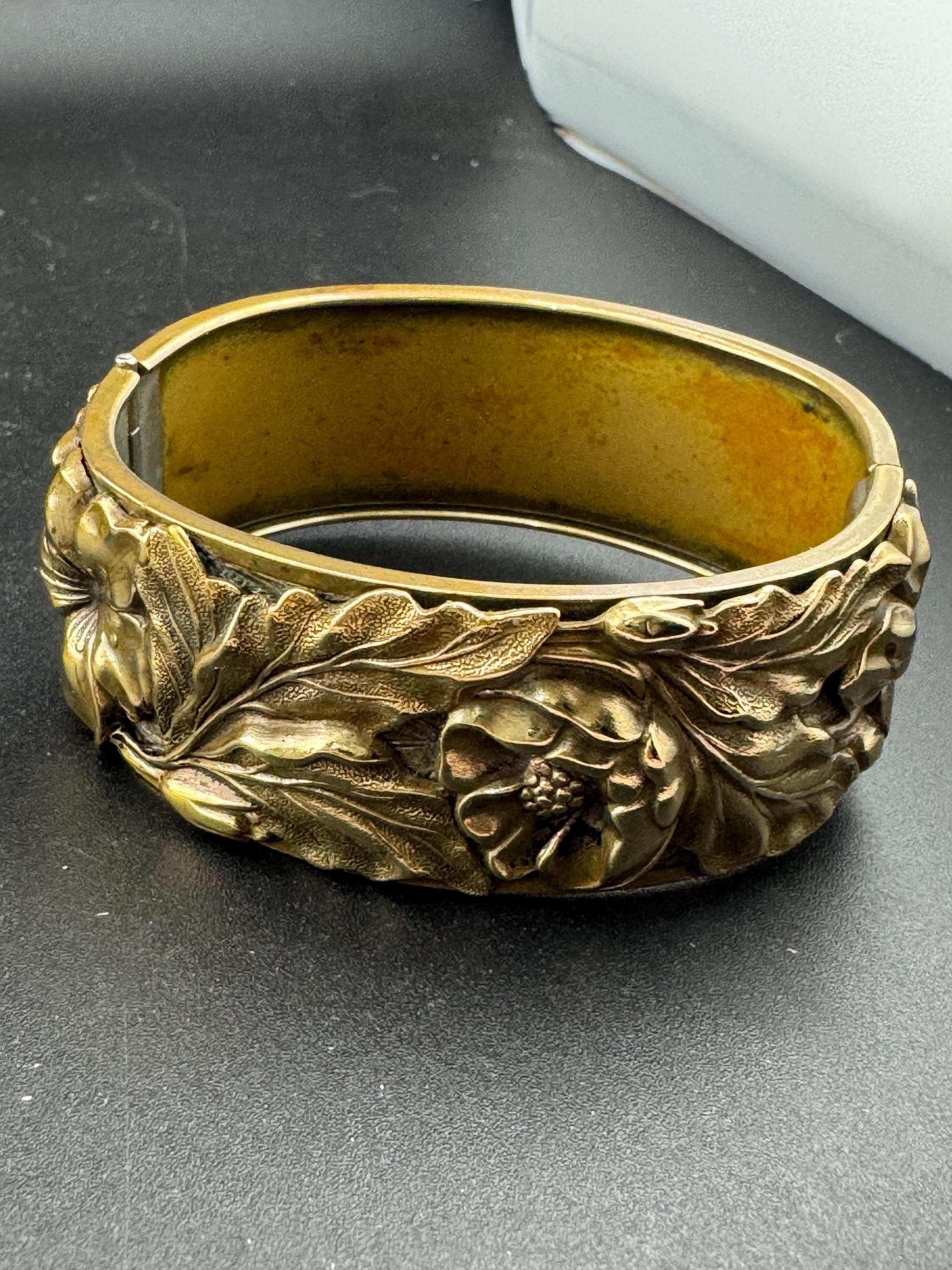 Antique Victorian repousse work wide brass floral bangle bracelet:  hinged gold