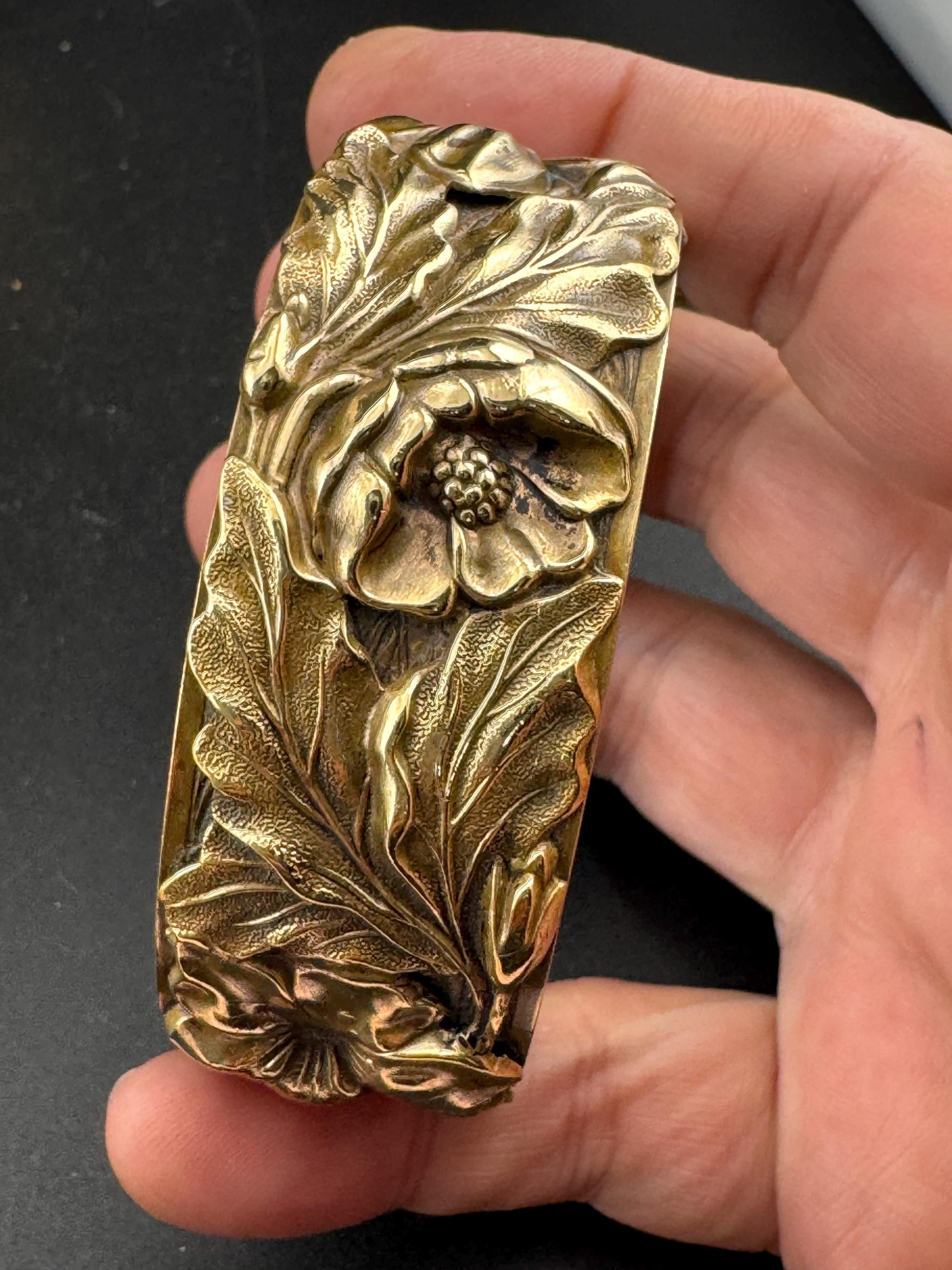 Antique Victorian repousse work wide brass floral bangle bracelet:  hinged gold