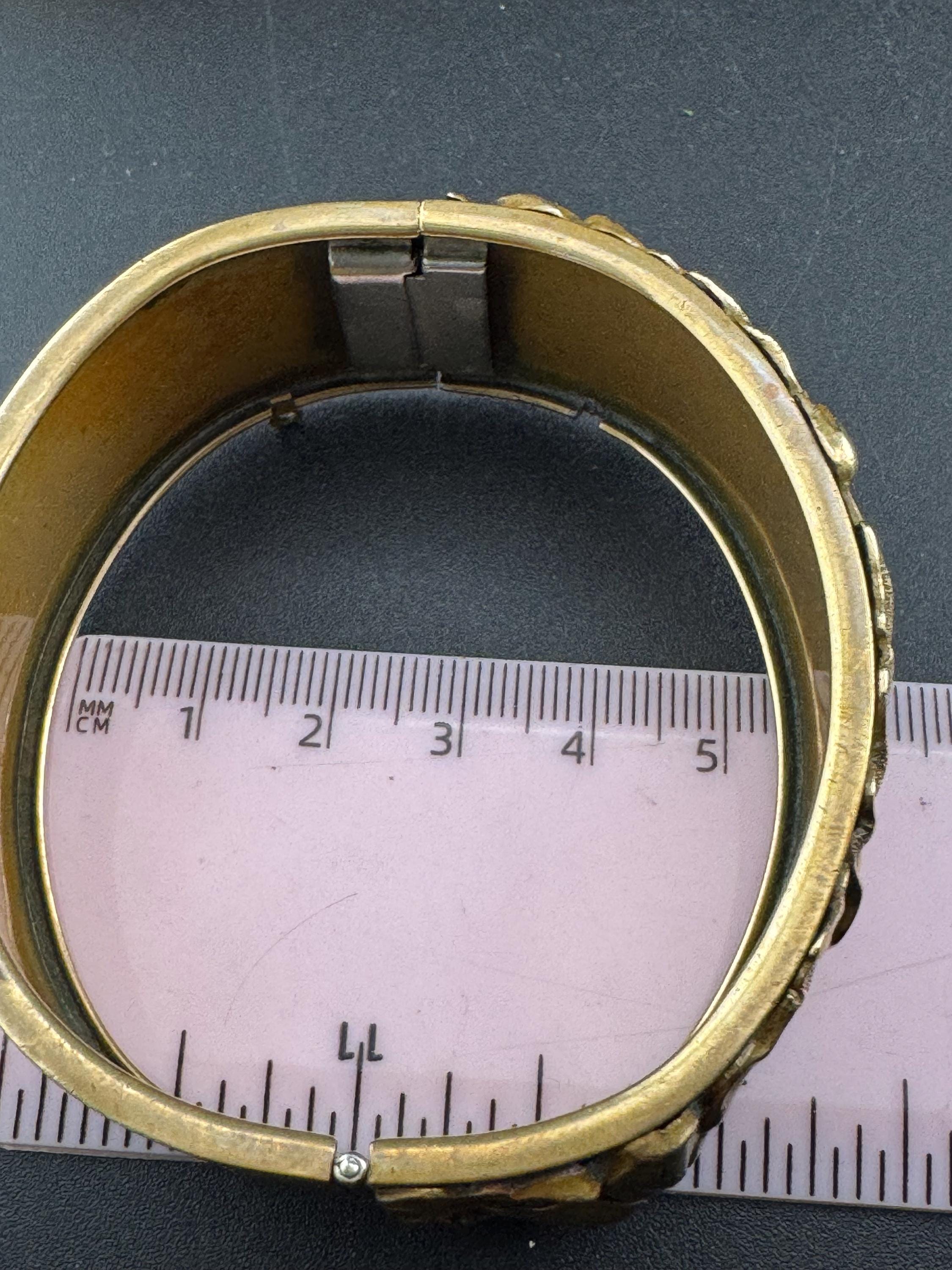 Antique Victorian repousse work wide brass floral bangle bracelet:  hinged gold