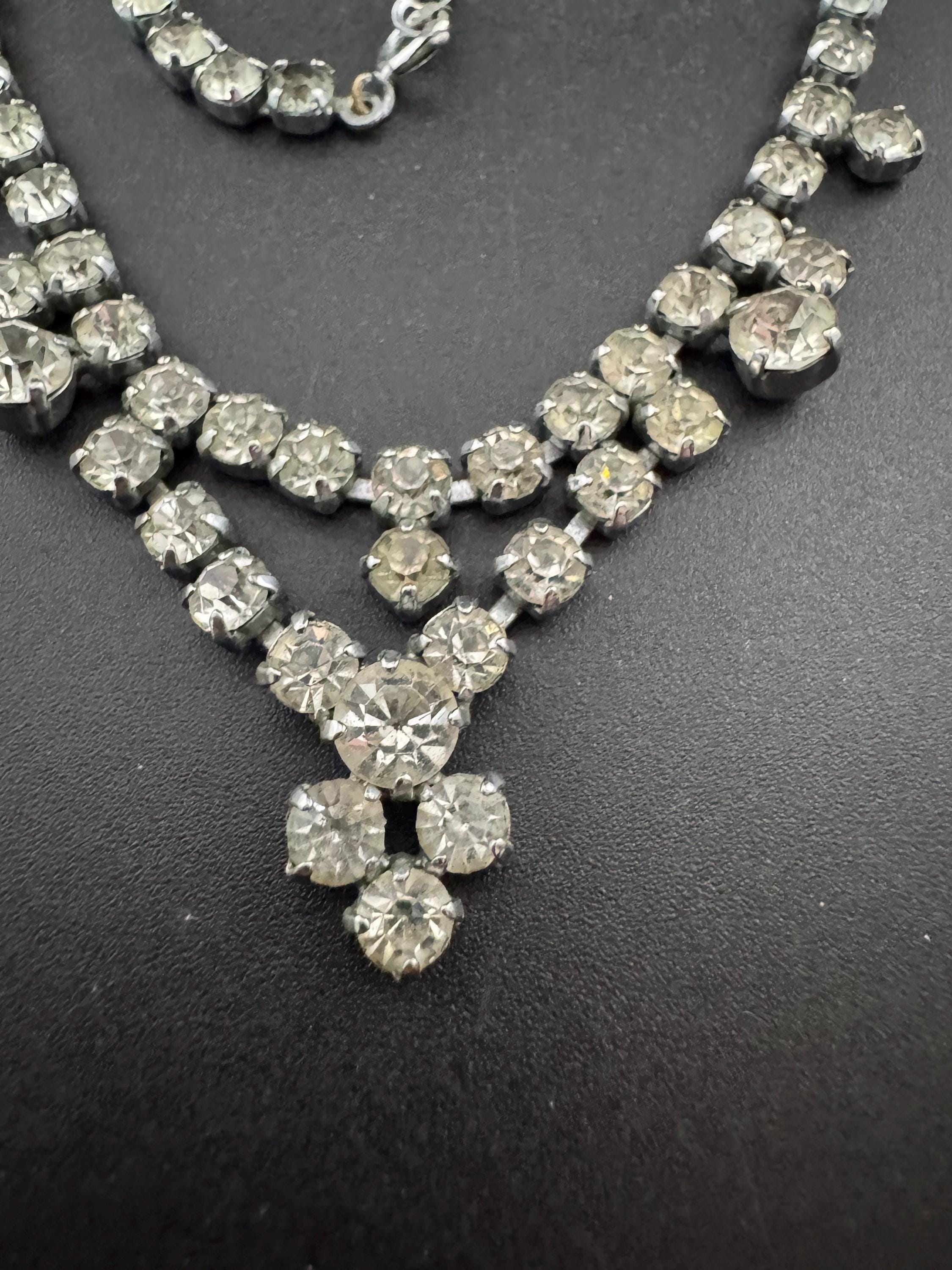 petite fit diamanté crystal drop necklace, clear glass rhinestones, vintage