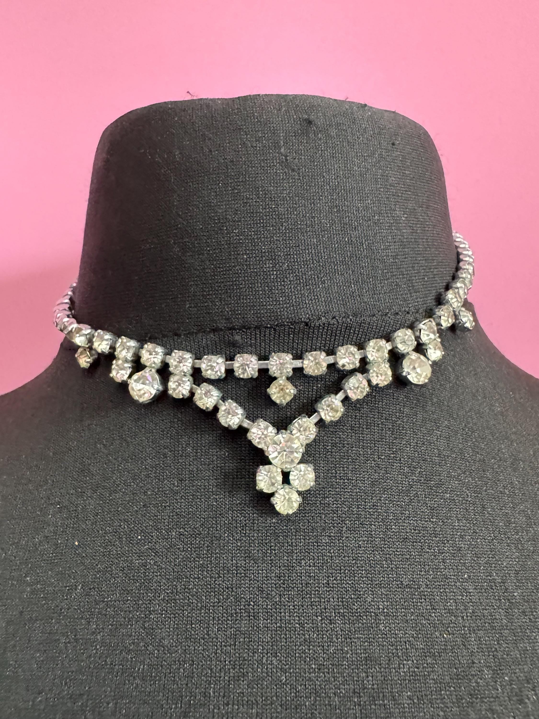 petite fit diamanté crystal drop necklace, clear glass rhinestones, vintage
