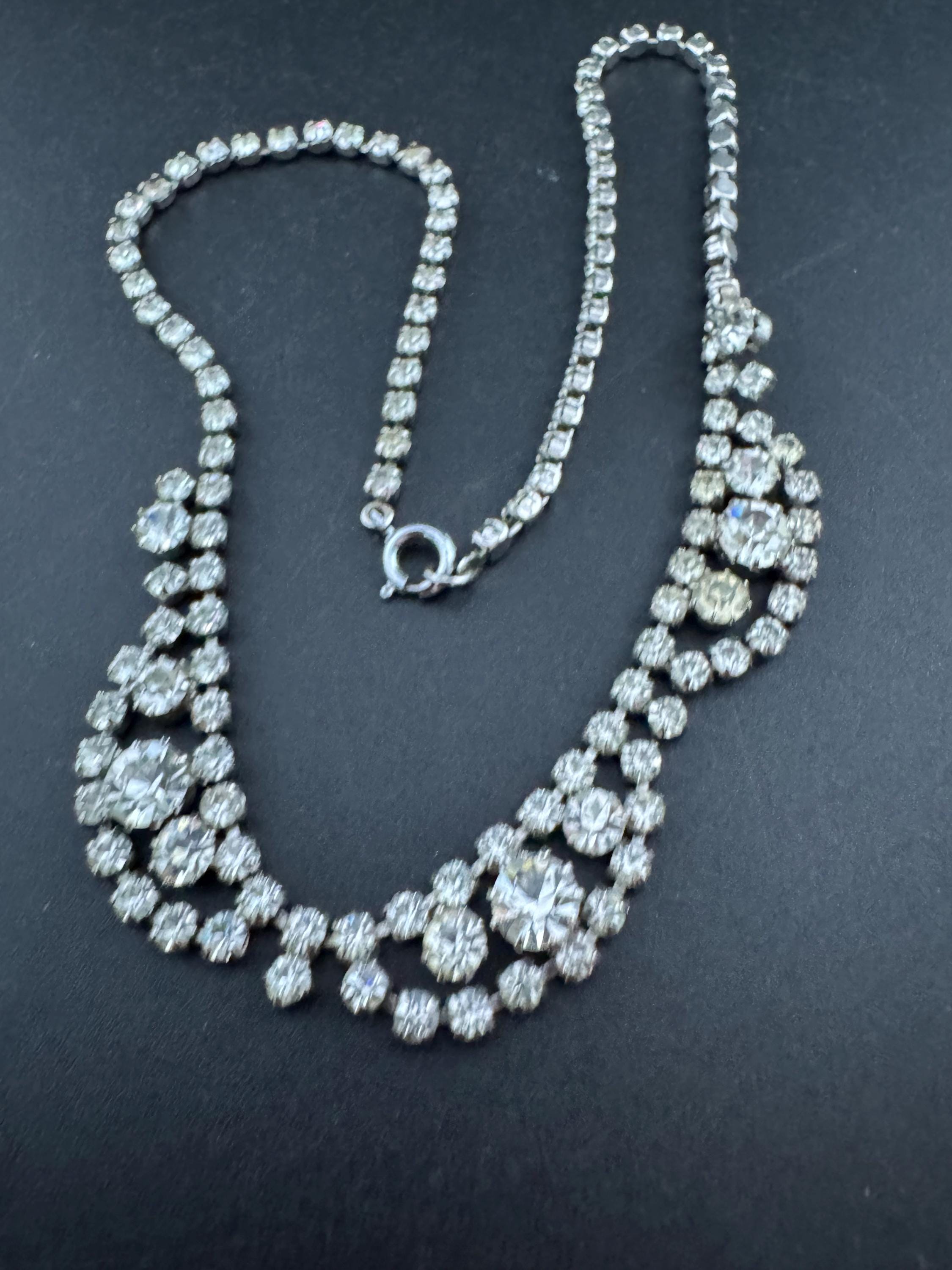 petite fit diamanté crystal collar choker necklace, clear glass rhinestones, vintage