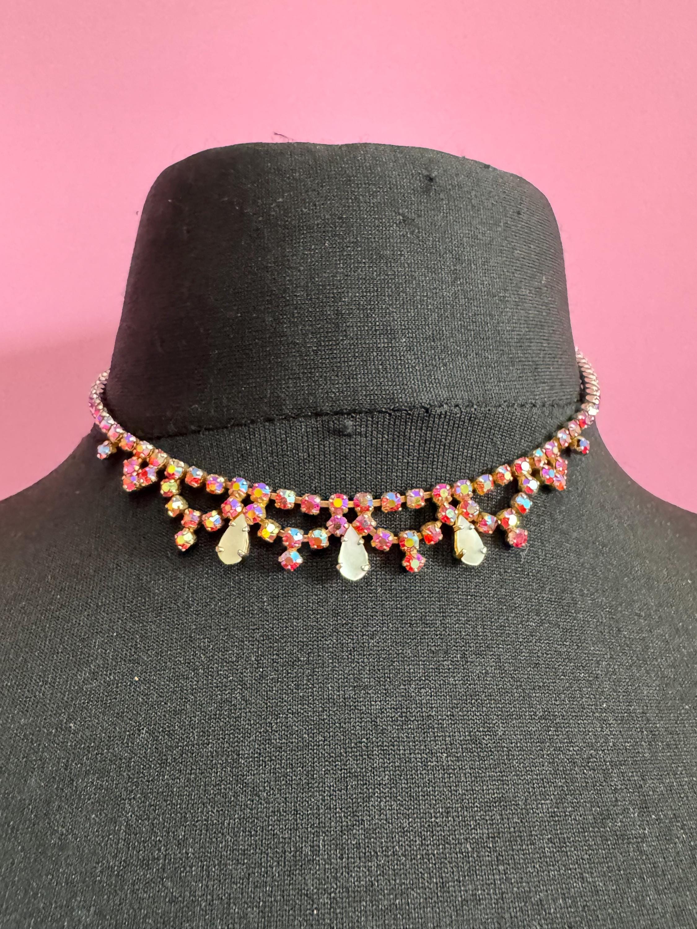 petite fit pink diamanté crystal drop necklace, AB glass rhinestones, vintage