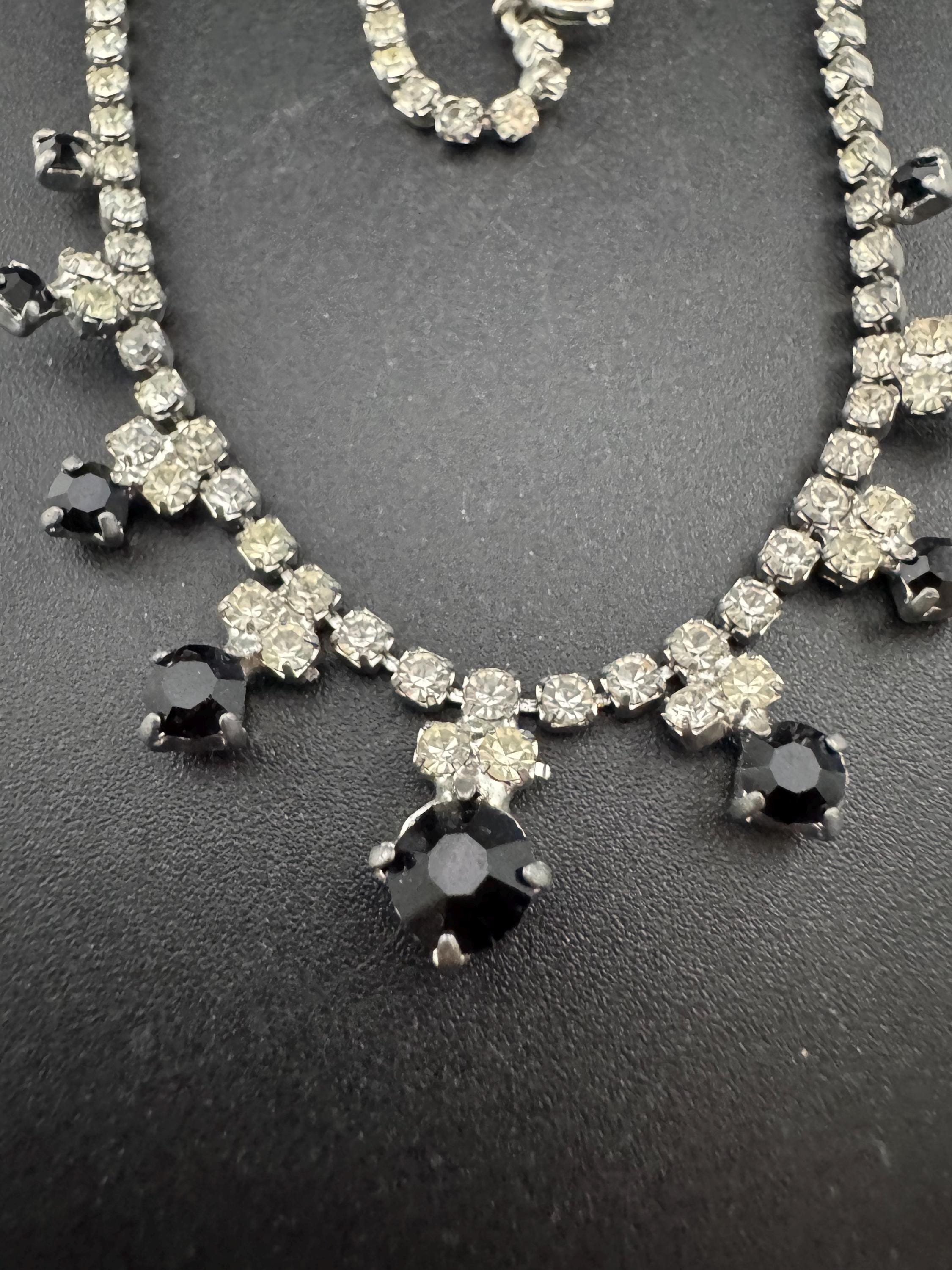 40cm diamanté crystal collar choker necklace, black and clear glass rhinestones, vintage