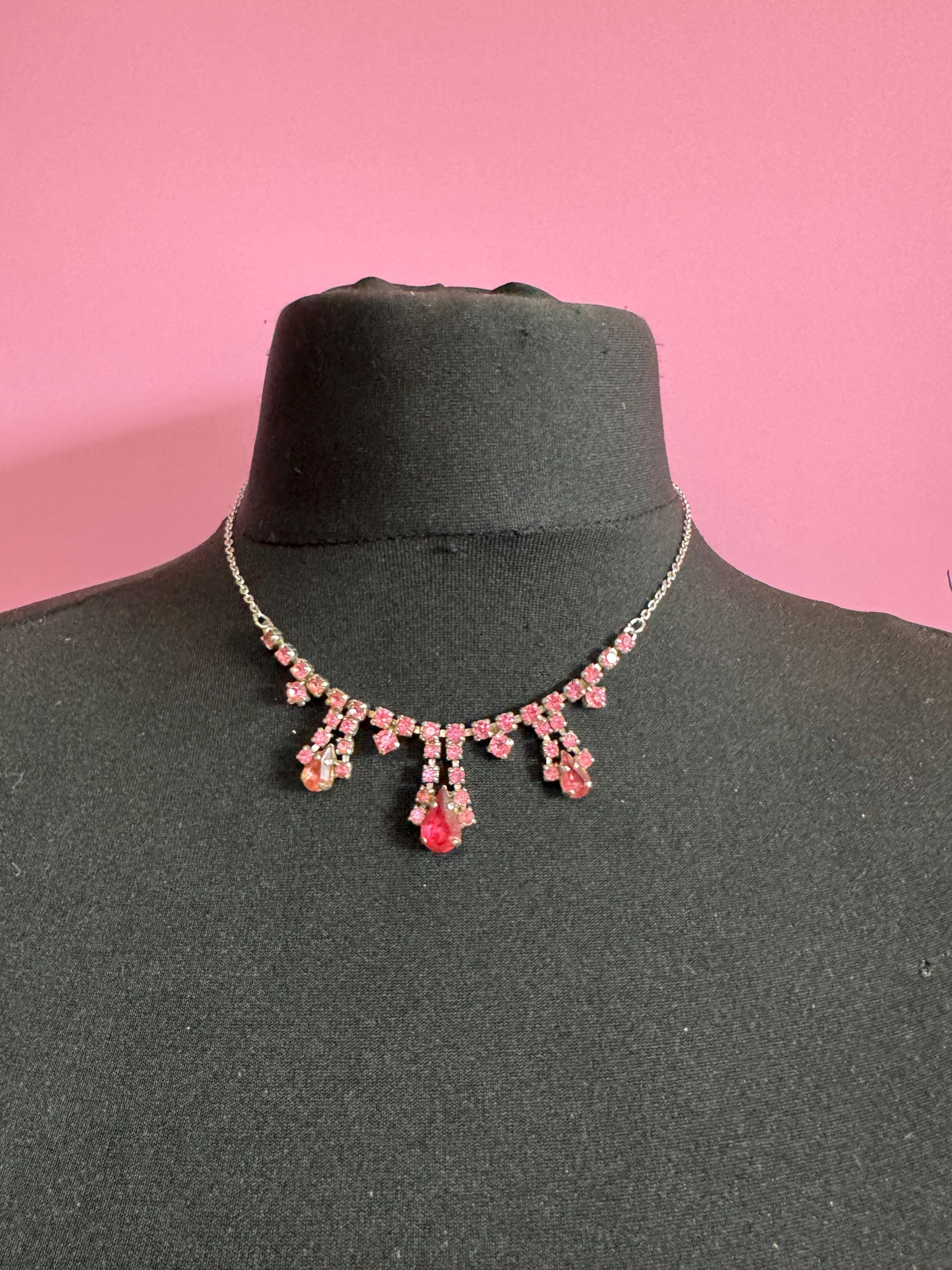 43cm pink diamanté crystal drop necklace, fine chain, glass rhinestones, vintage