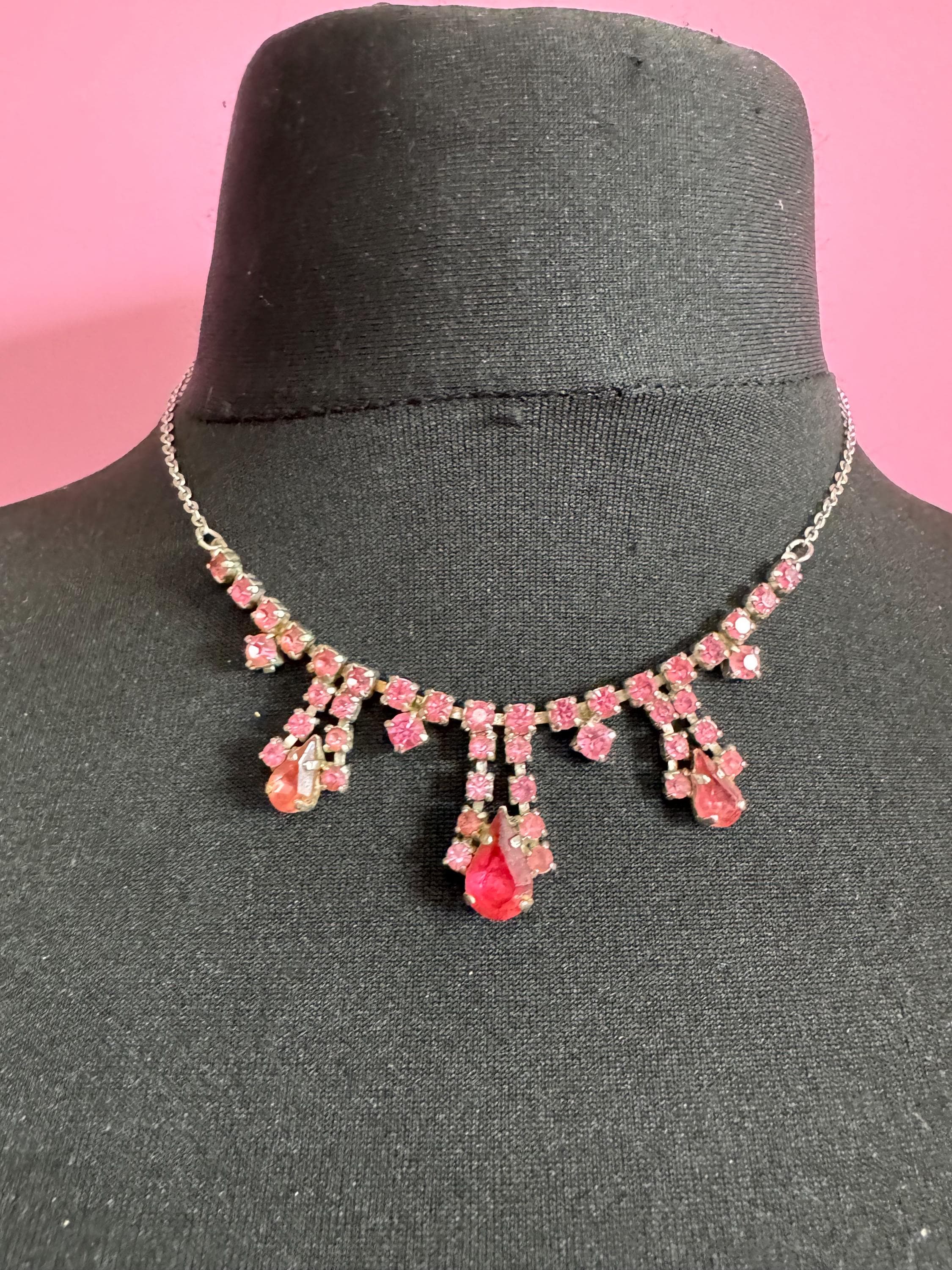 43cm pink diamanté crystal drop necklace, fine chain, glass rhinestones, vintage