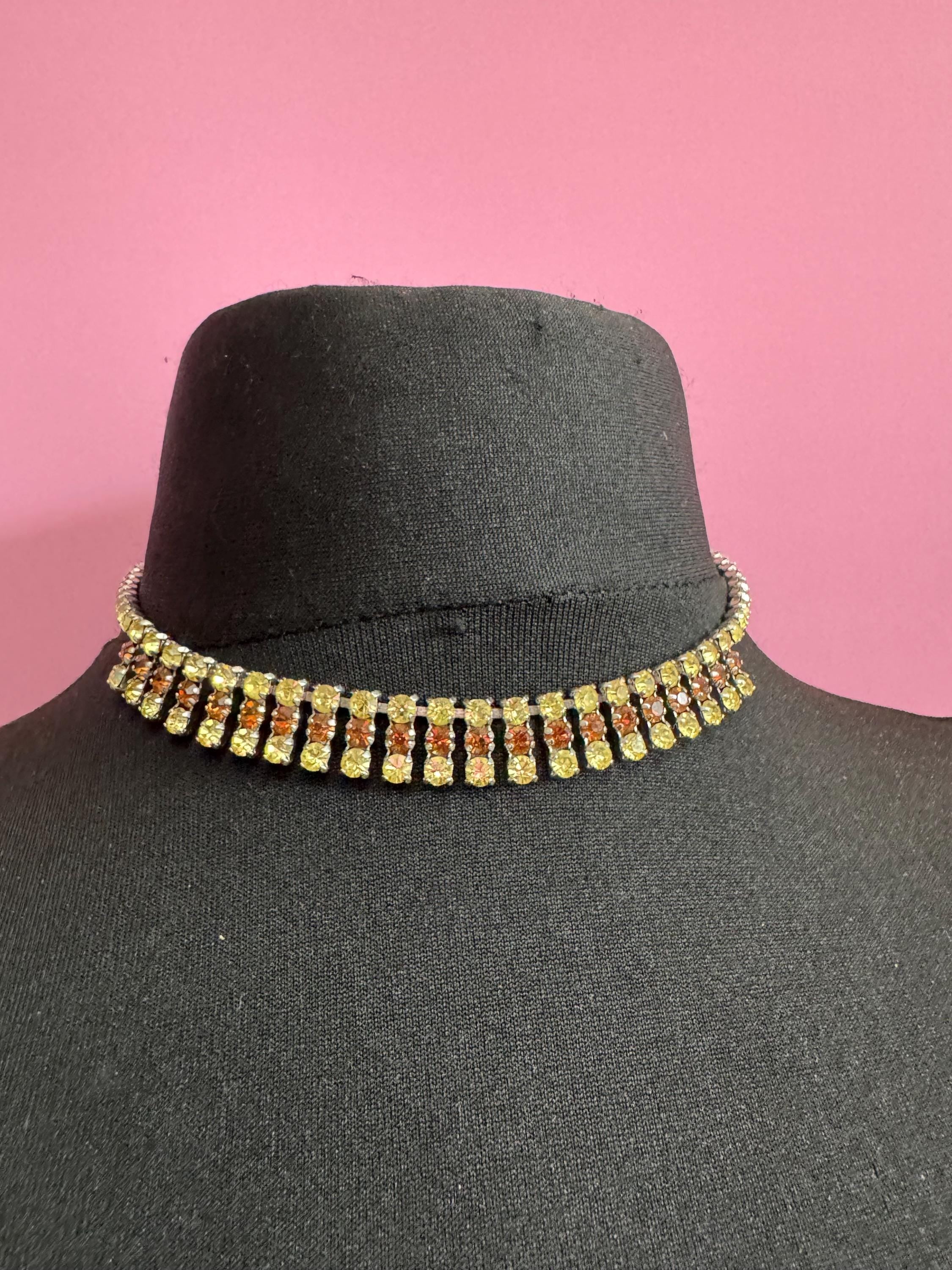 40cm diamanté crystal collar choker necklace, brown and yellow glass rhinestones, vintage