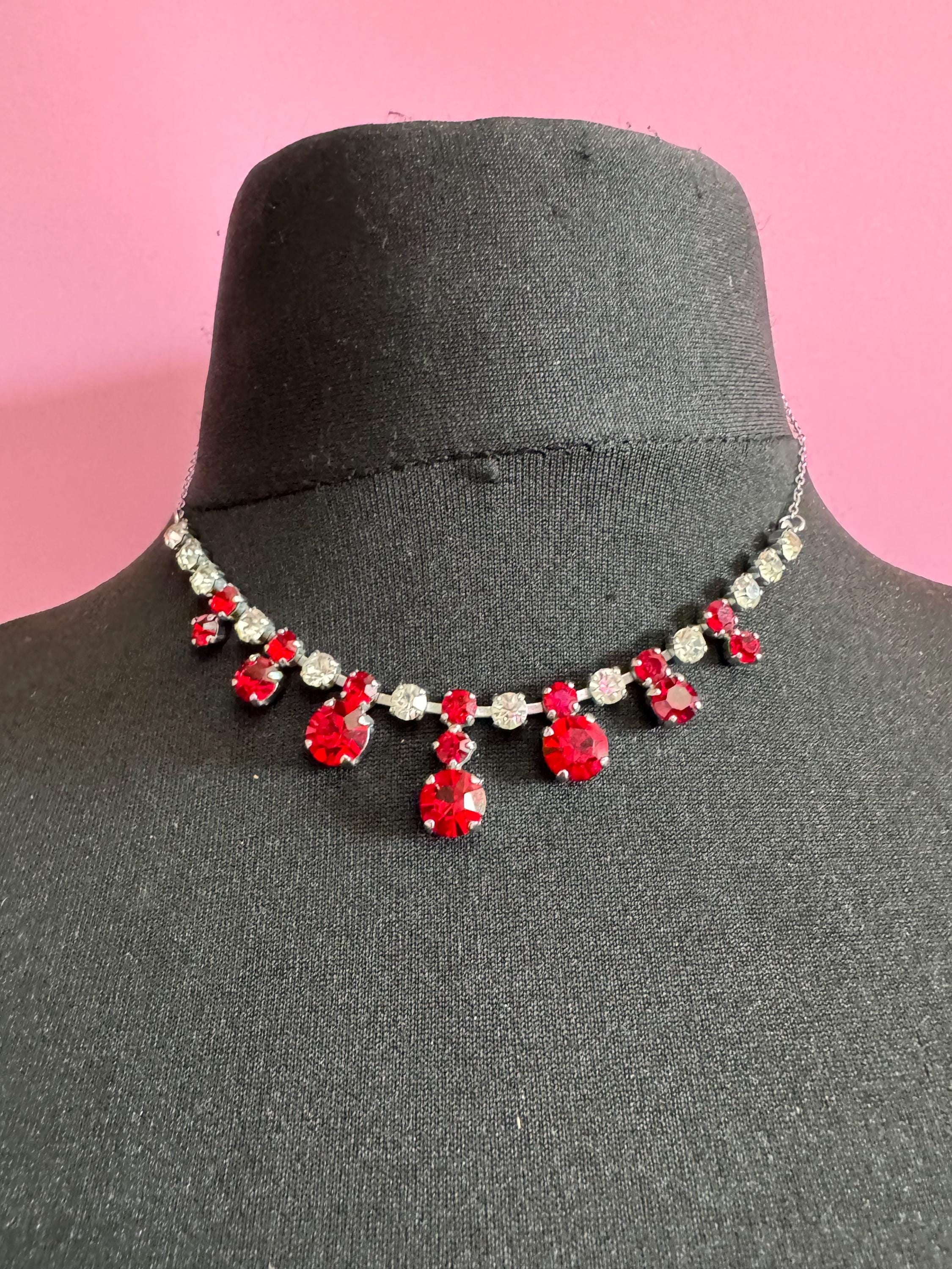 42cm Ruby red diamanté crystal drop necklace, fine chain, glass rhinestones, vintage