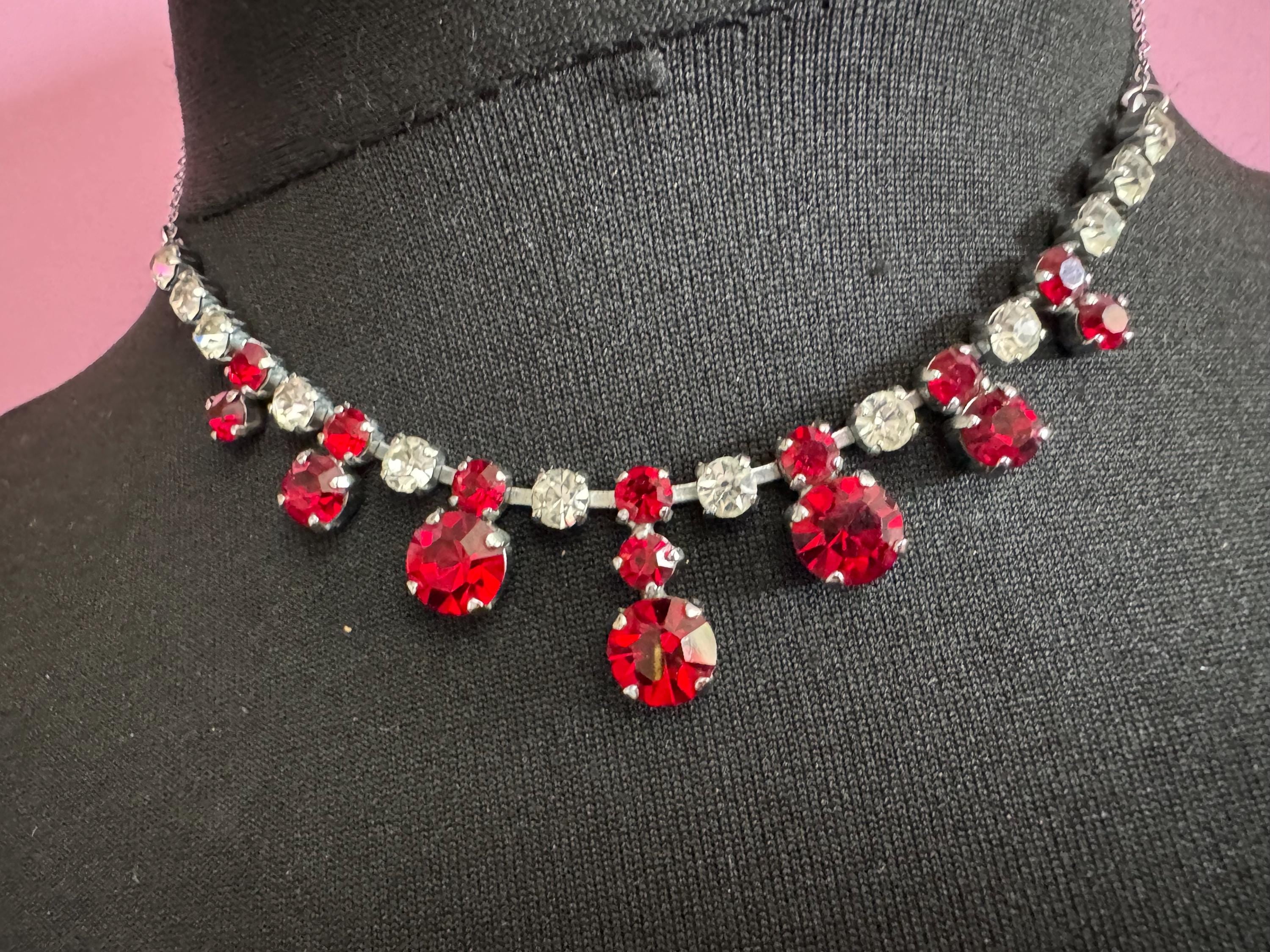 42cm Ruby red diamanté crystal drop necklace, fine chain, glass rhinestones, vintage