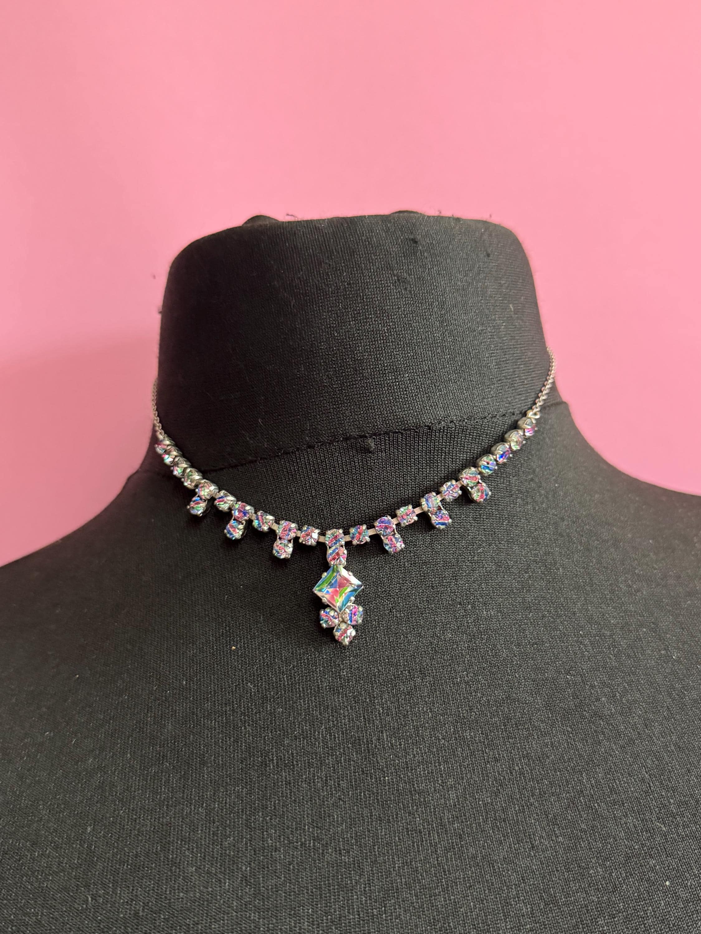 40cm coloured iris glass diamanté crystal drop necklace, rainbow rhinestones, vintage