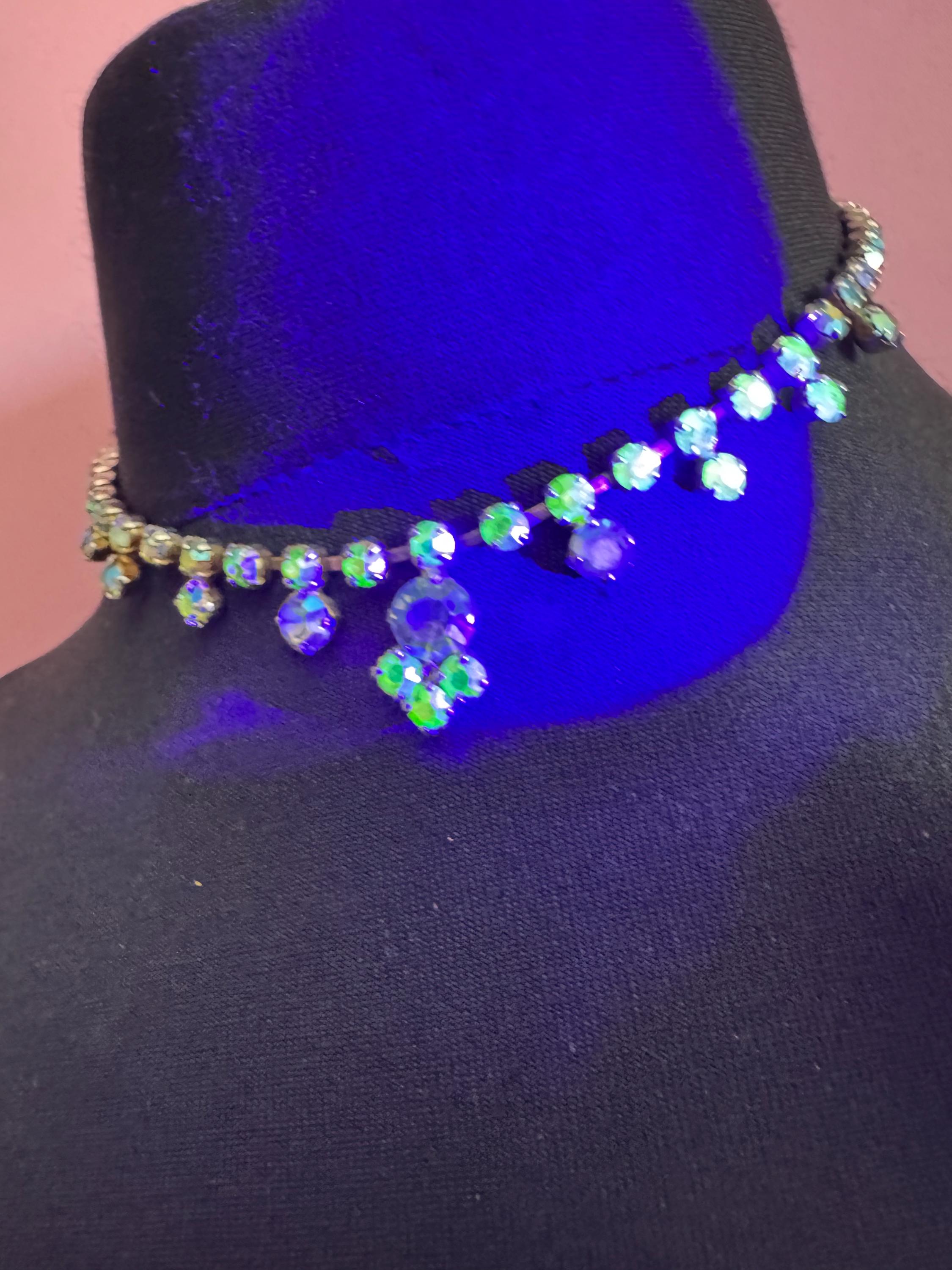 Uranium glass UV blue green diamanté crystal drop necklace, AB glass rhinestones, vintage