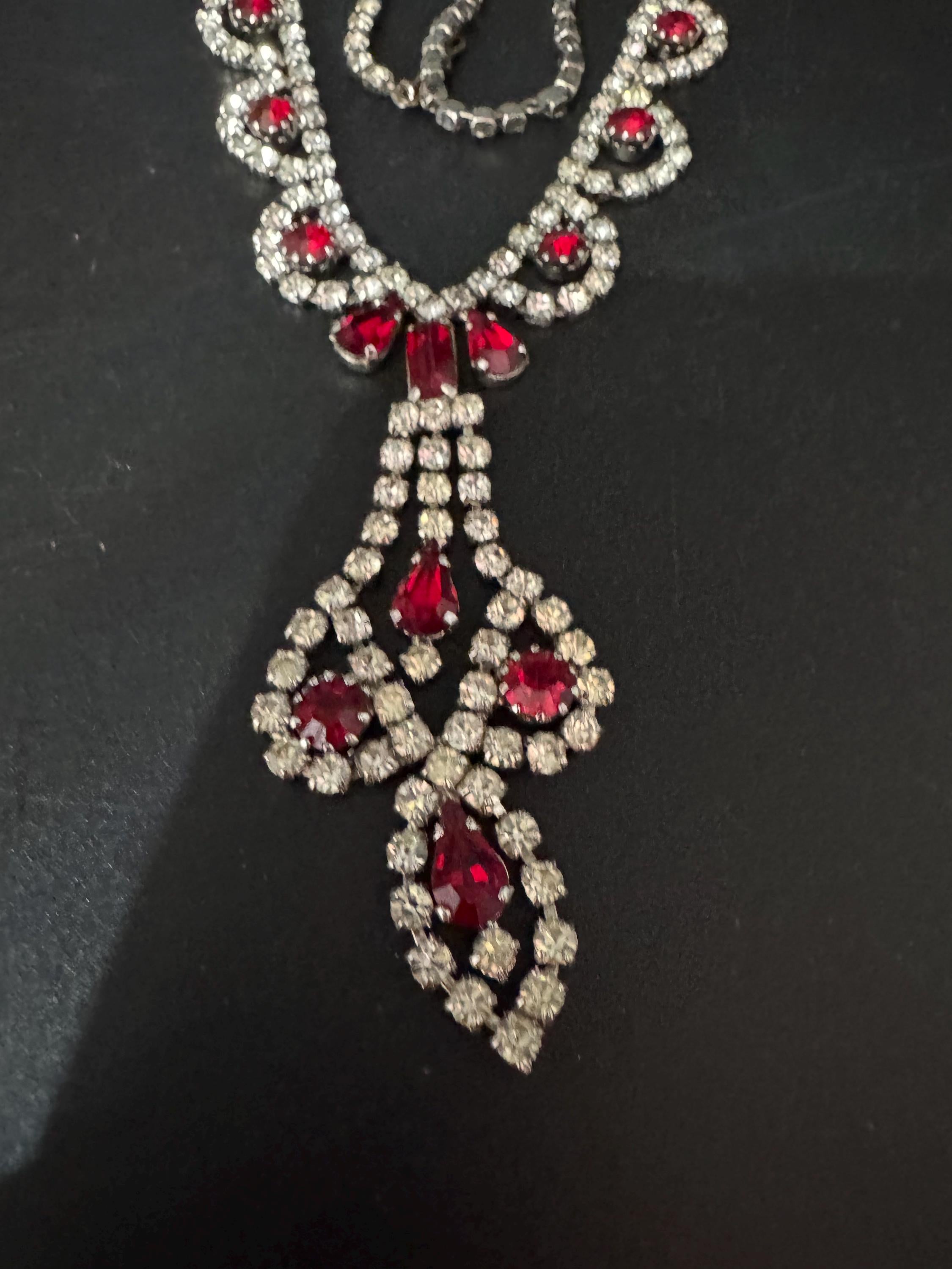 Ruby red and clear diamanté crystal long drop necklace, glass rhinestones, vintage