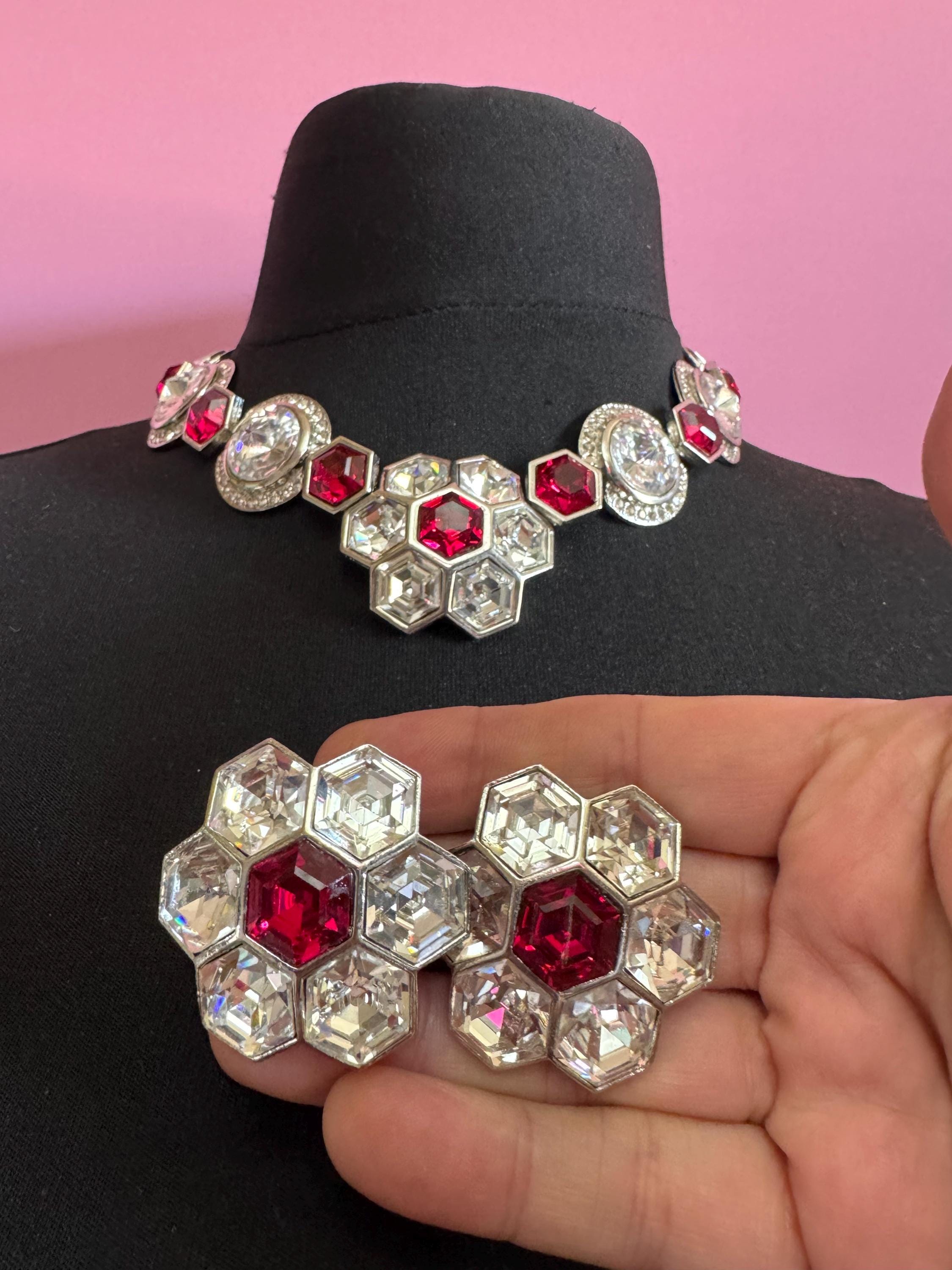 vintage silver tone octagonal ruby red Swarovski crystal rhinestone cocktail necklace and matching clip on earrings jewellery set