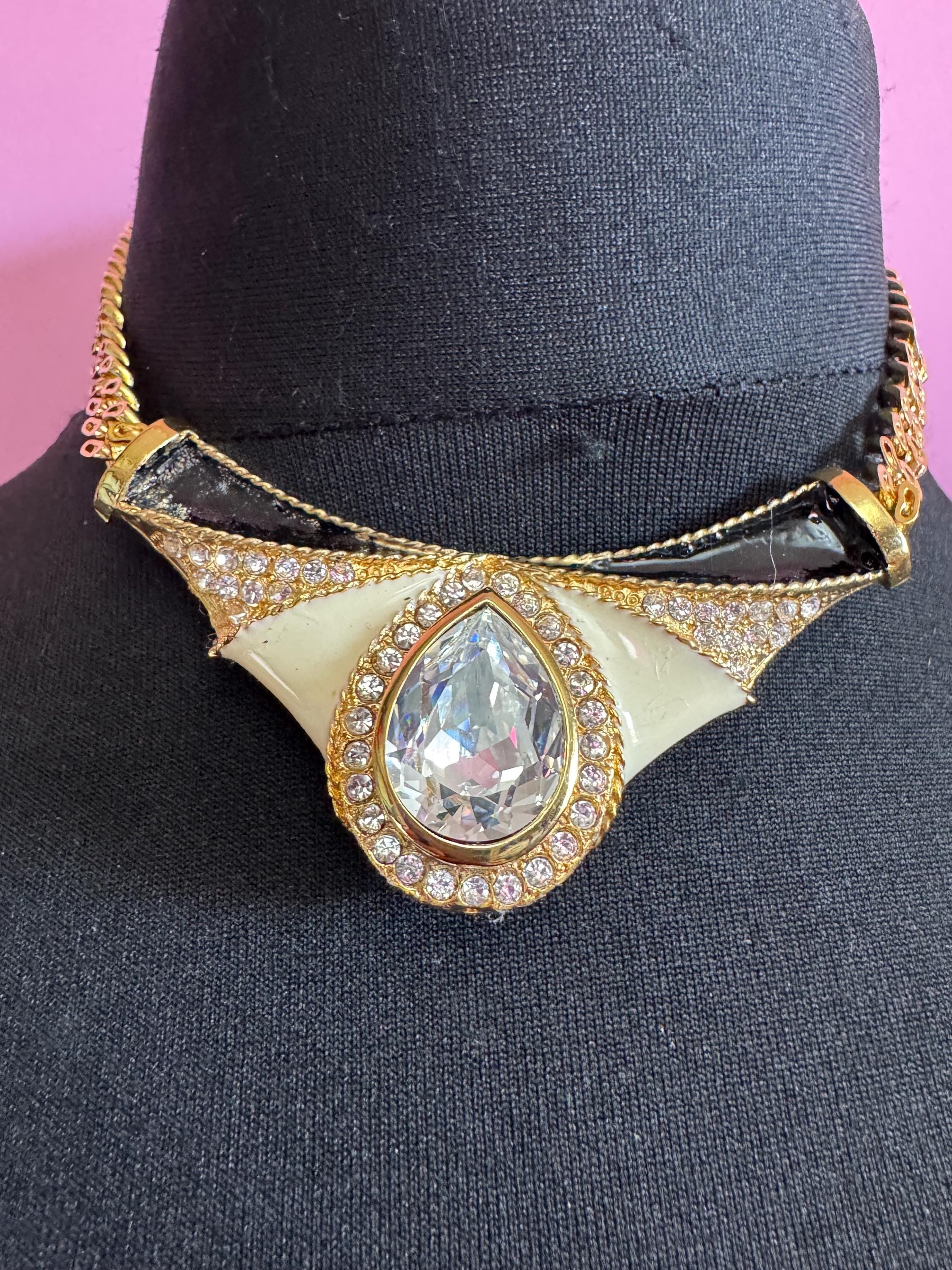 vintage 1980s gold plated diamanté black and cream enamel statement gold chain choker necklace