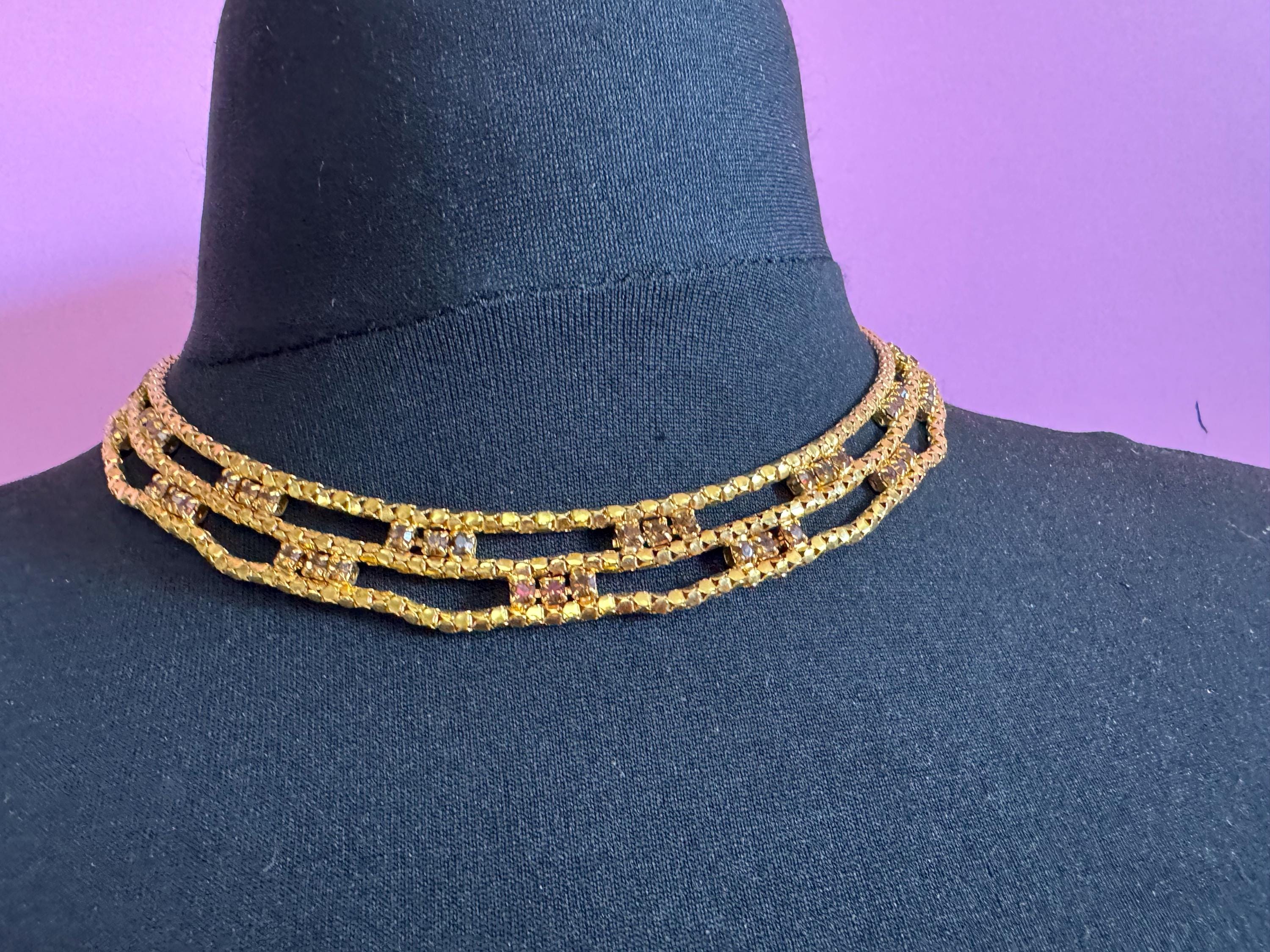 Brown cognac glass diamanté wide mesh choker necklace Vintage penino