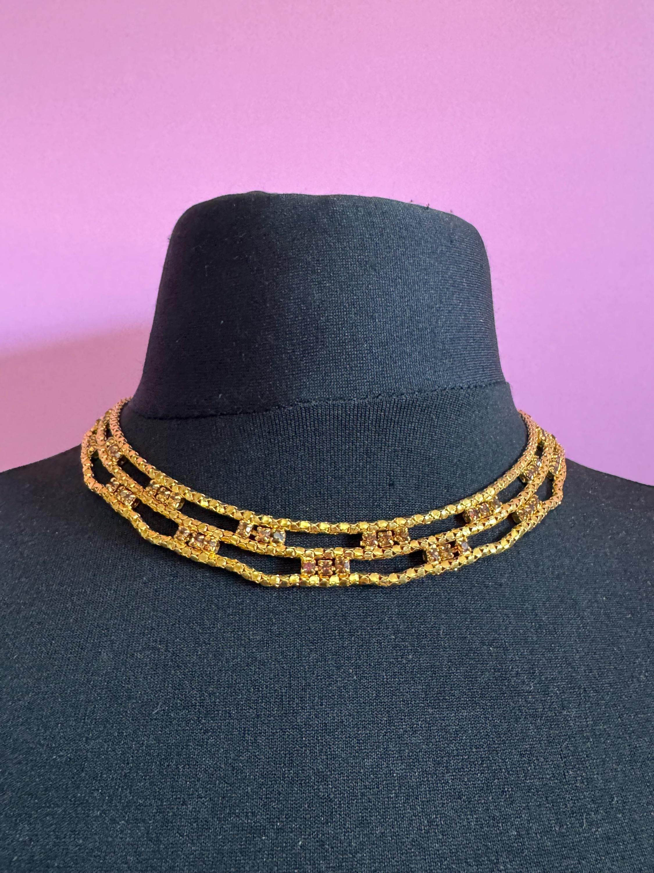 Brown cognac glass diamanté wide mesh choker necklace Vintage penino
