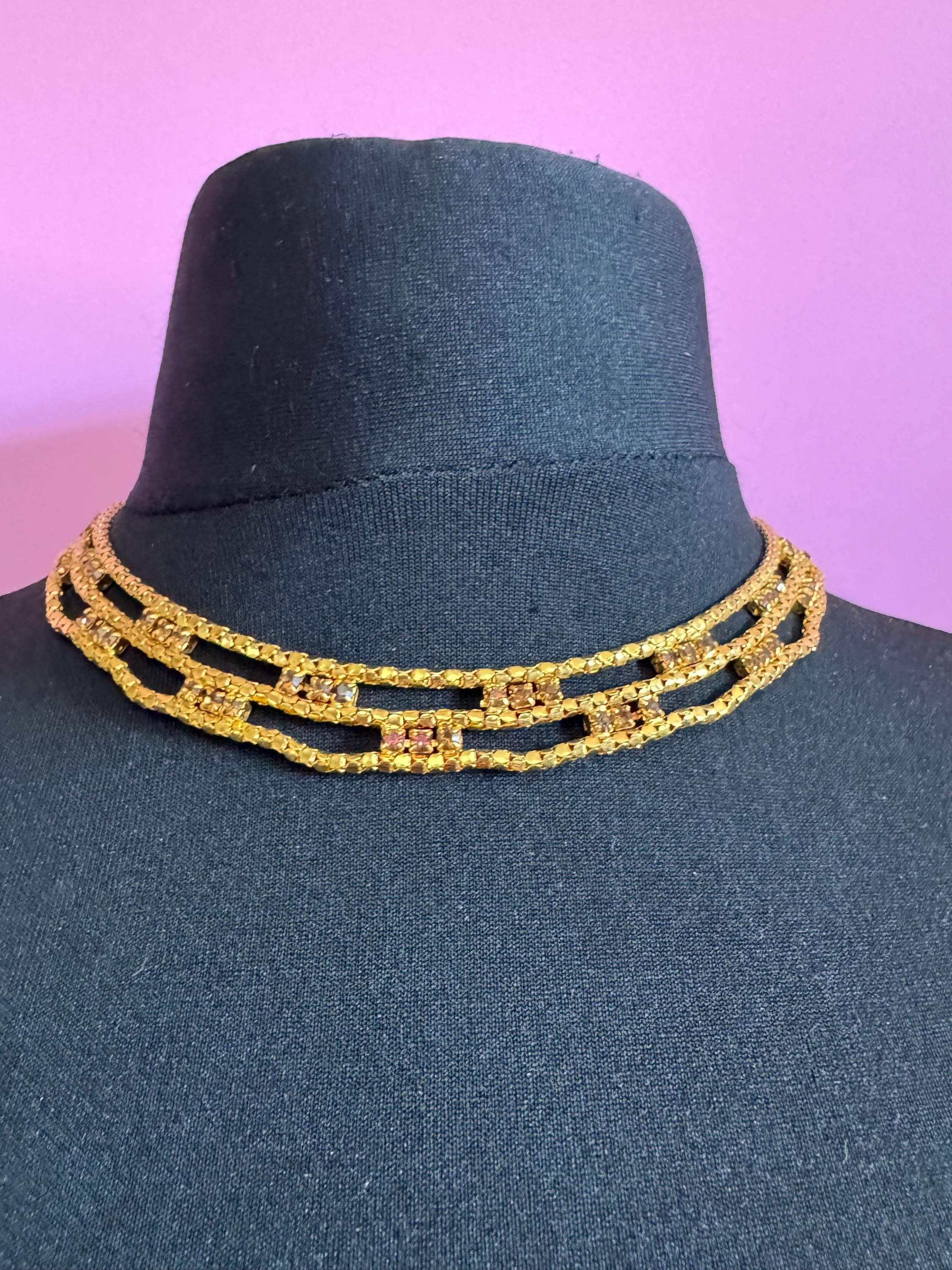 Brown cognac glass diamanté wide mesh choker necklace Vintage penino