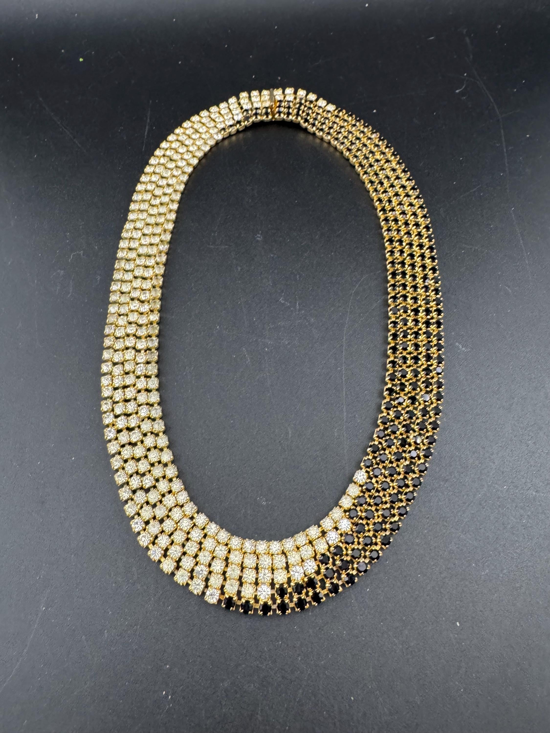 Vintage gold tone mesh black and clear rhinestone diamanté wide choker collar necklace