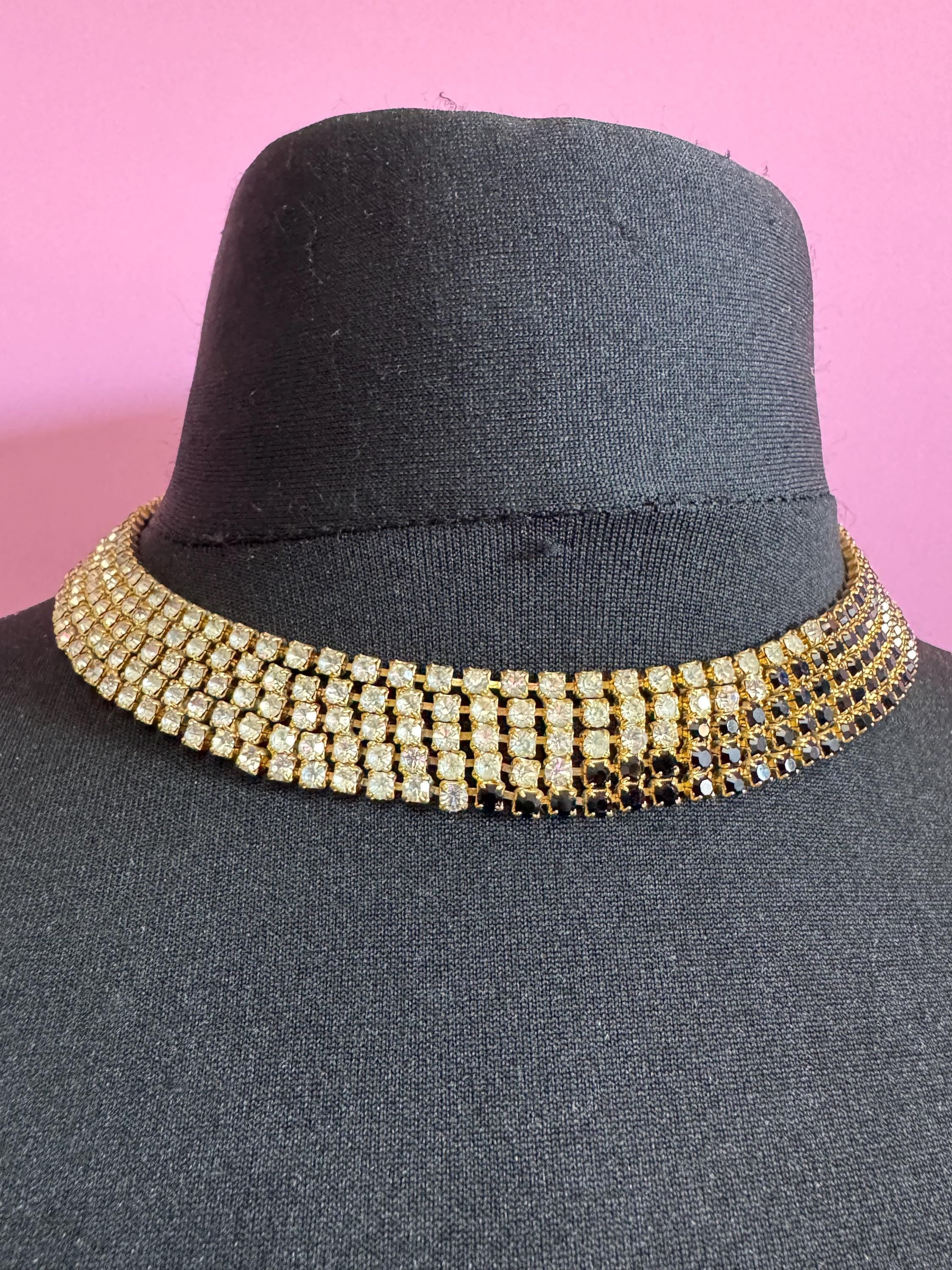 Vintage gold tone mesh black and clear rhinestone diamanté wide choker collar necklace