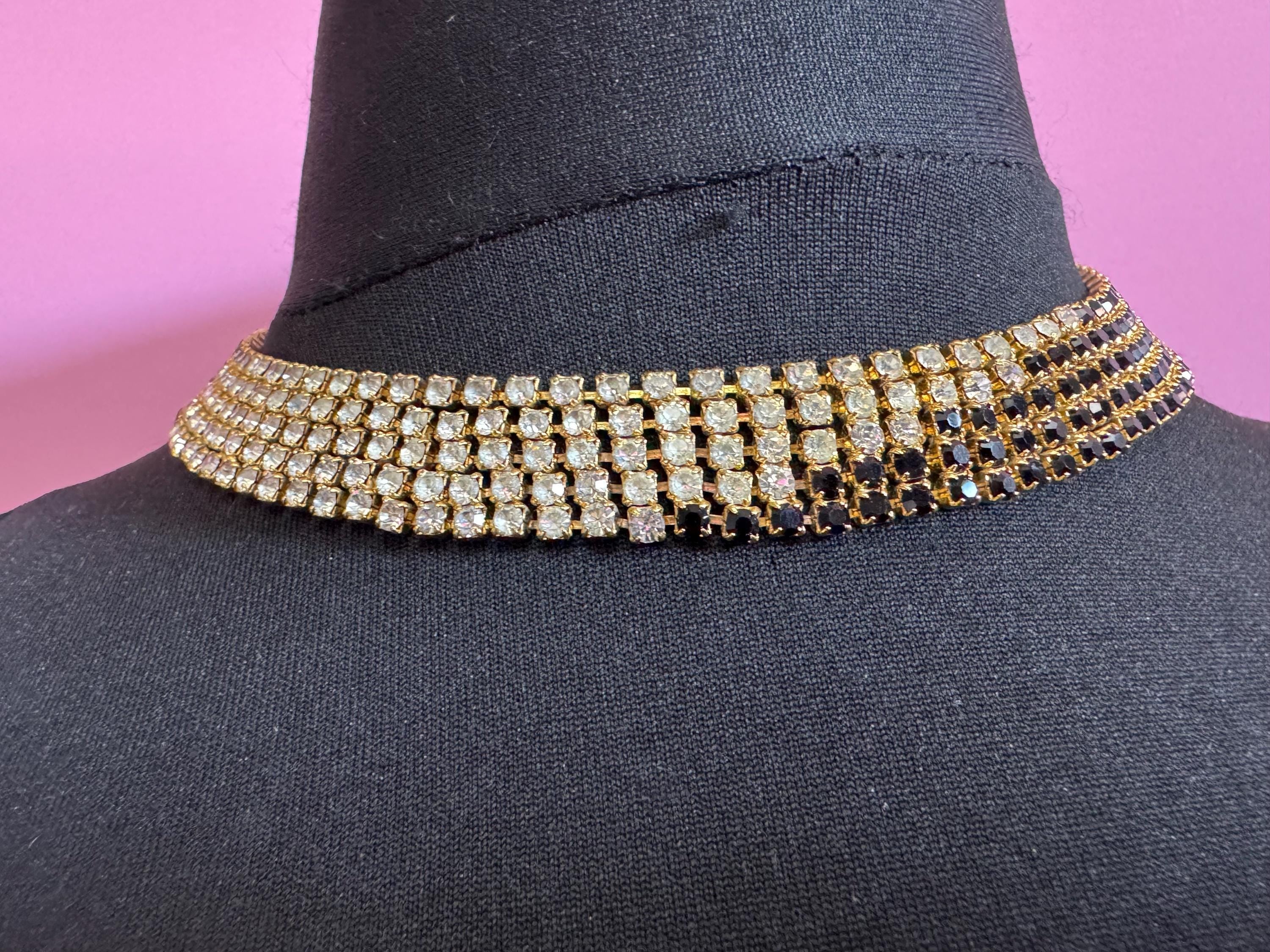 Vintage gold tone mesh black and clear rhinestone diamanté wide choker collar necklace