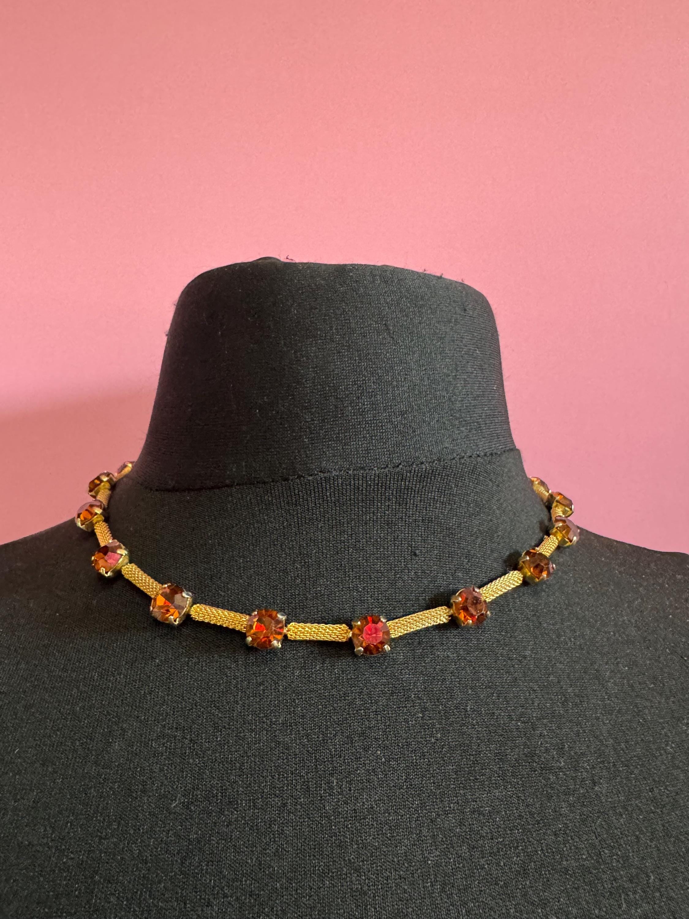 cognac glass brown diamante woven choker necklace, Vintage mid century gold plated