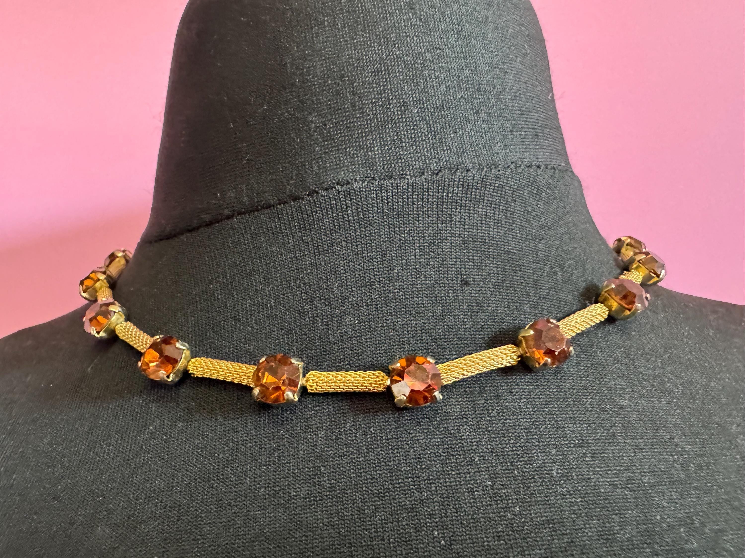 cognac glass brown diamante woven choker necklace, Vintage mid century gold plated