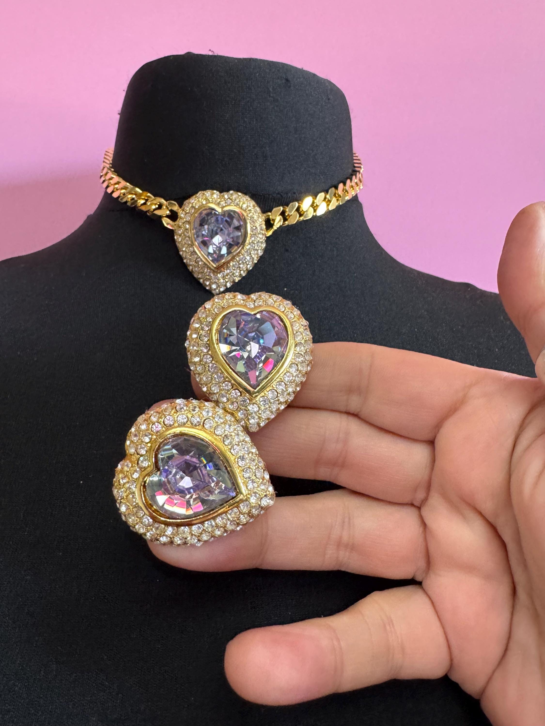 Vintage purple AB and clear Swarovski crystal love heart gold tone necklace and oversized clip on earrings jewellery set